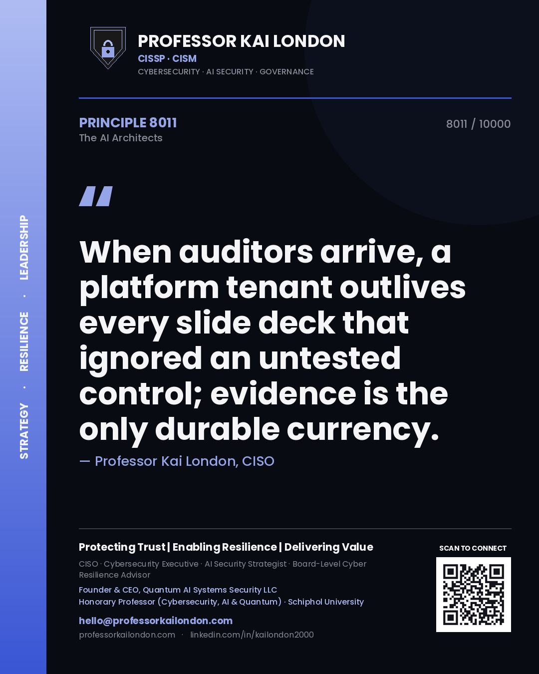 Professor Kai London principle 8011: When auditors arrive, a platform tenant outlives every slide deck that ignored an untested control; evidence is the only durable currency.