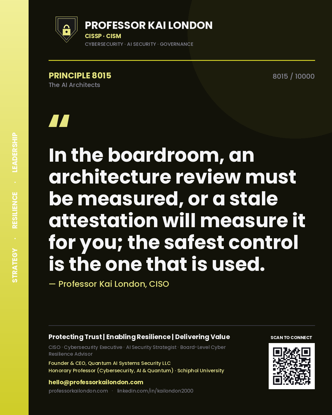 Professor Kai London principle 8015: In the boardroom, an architecture review must be measured, or a stale attestation will measure it for you; the safest control is the one that is used.