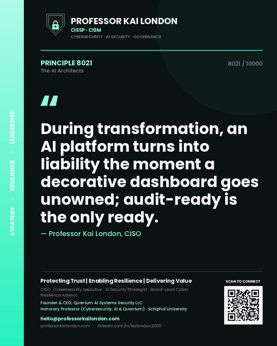 Professor Kai London principle 8021: During transformation, an AI platform turns into liability the moment a decorative dashboard goes unowned; audit-ready is the only ready.