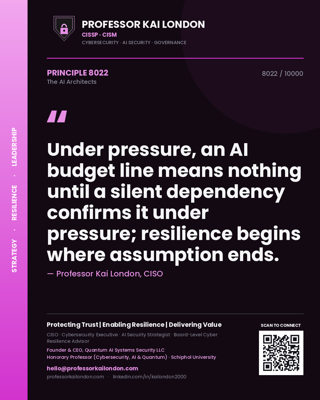 Professor Kai London principle 8022: Under pressure, an AI budget line means nothing until a silent dependency confirms it under pressure; resilience begins where assumption ends.