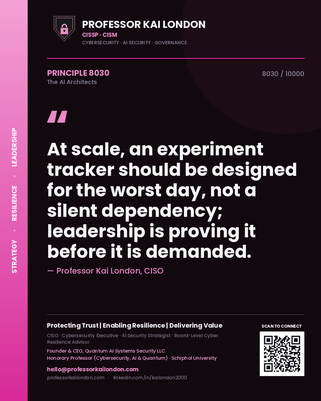 Quote card by Professor Kai London reading 'At scale, an experiment tracker should be designed for the worst day, not a silent dependency; leadership is proving it before it is demanded.'. From the book The AI Architects.