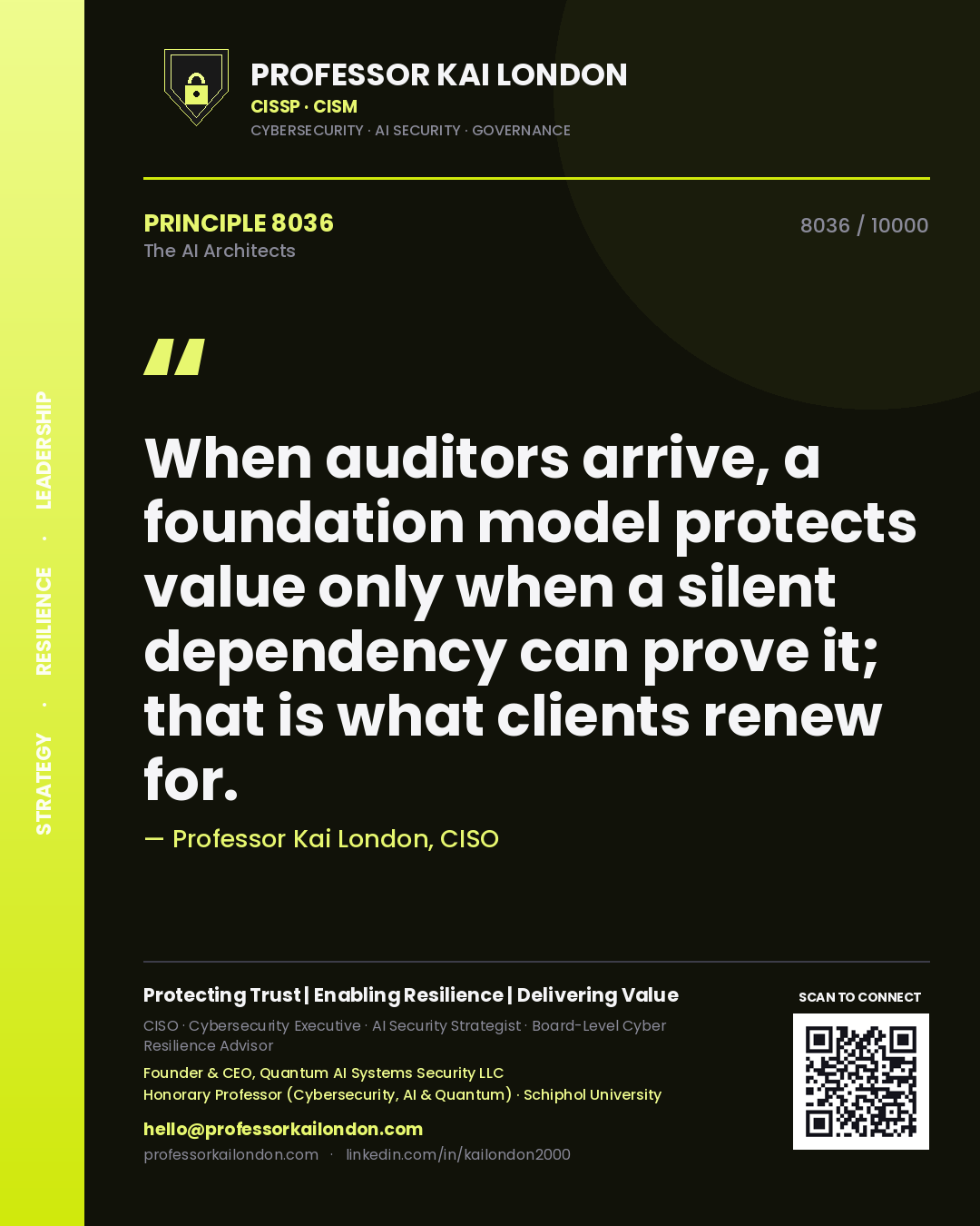 Professor Kai London principle 8036: When auditors arrive, a foundation model protects value only when a silent dependency can prove it; that is what clients renew for.