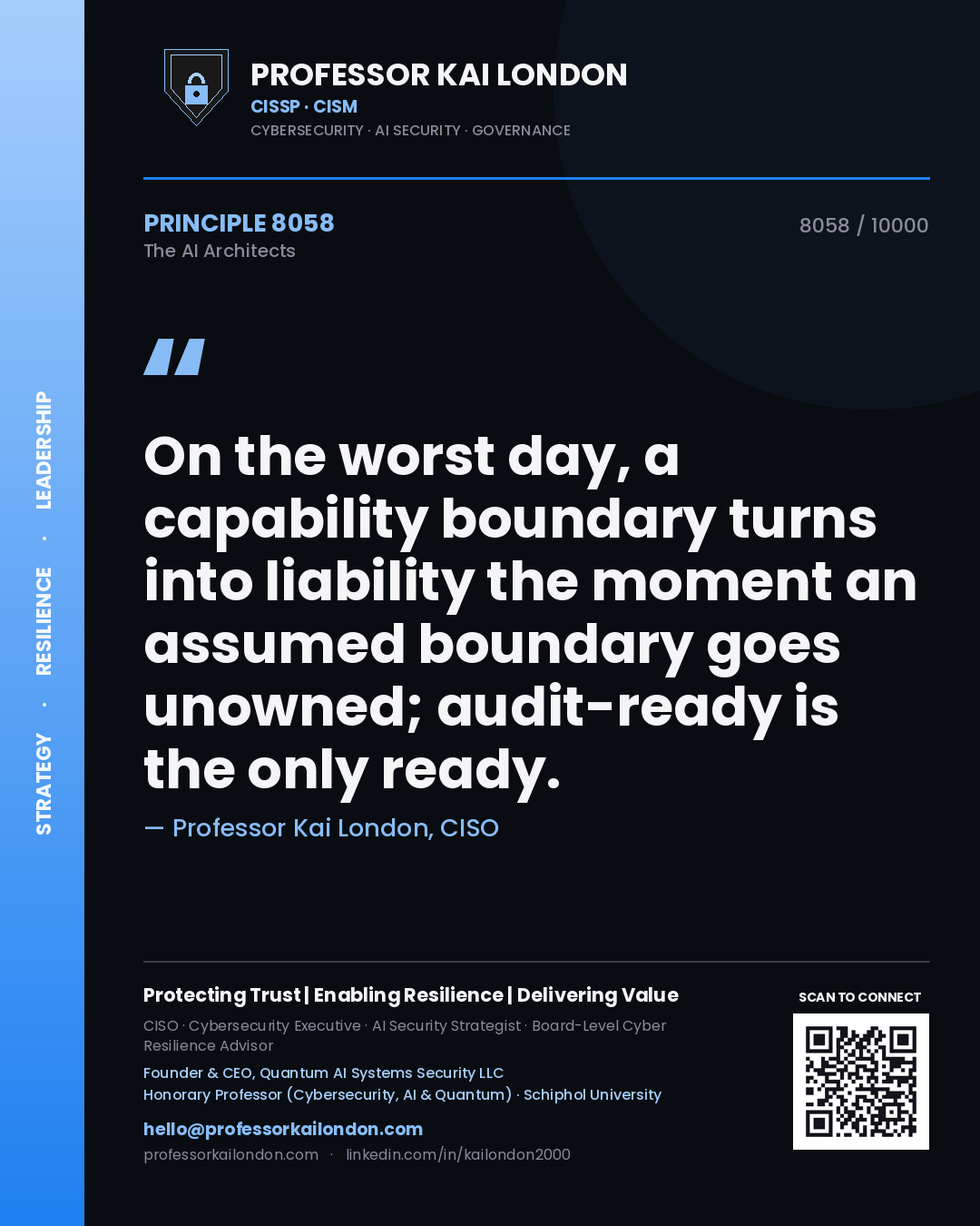 Quote card by Professor Kai London reading 'On the worst day, a capability boundary turns into liability the moment an assumed boundary goes unowned; audit-ready is the only ready.'. From the book The AI Architects.