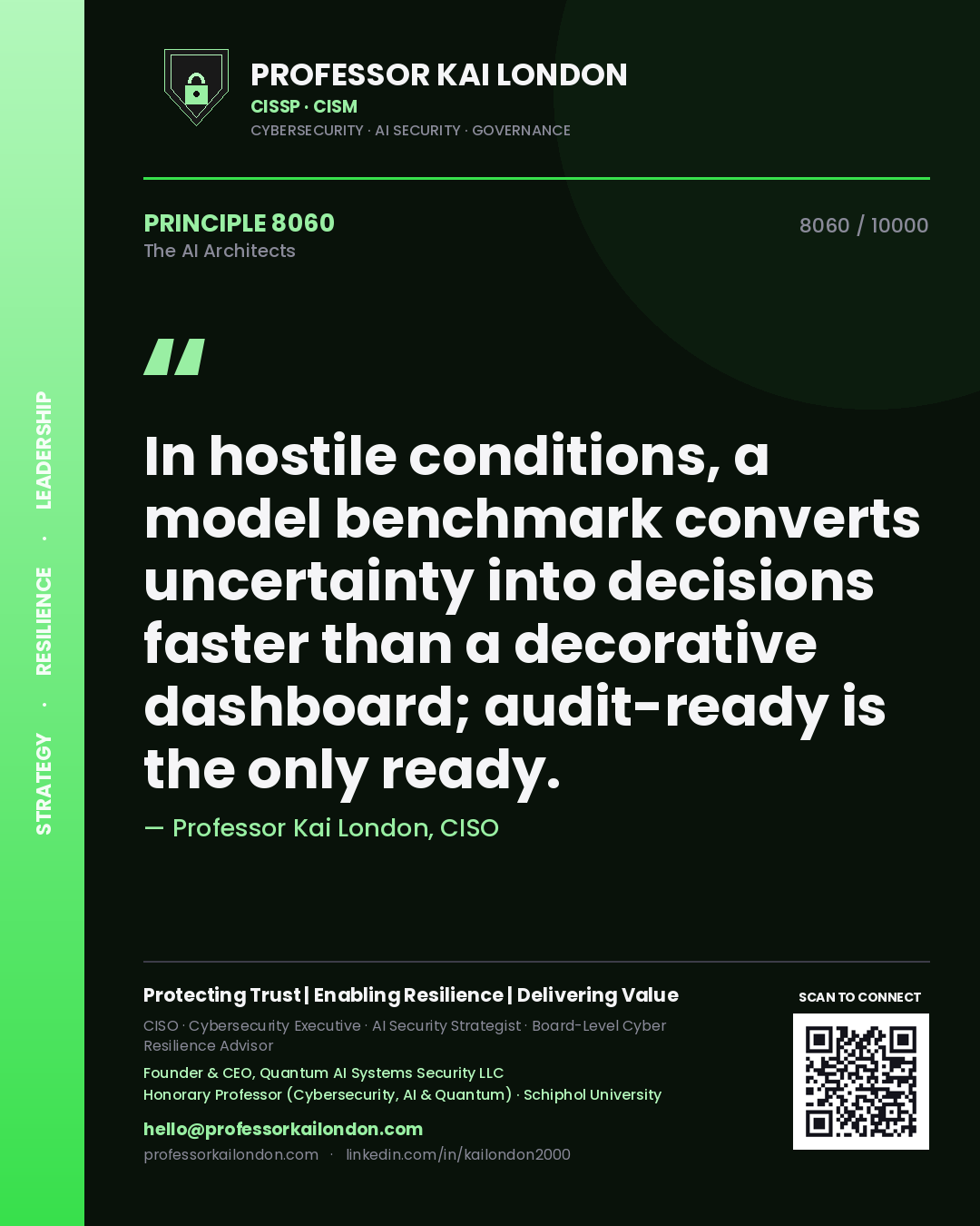 Professor Kai London principle 8060: In hostile conditions, a model benchmark converts uncertainty into decisions faster than a decorative dashboard; audit-ready is the only ready.