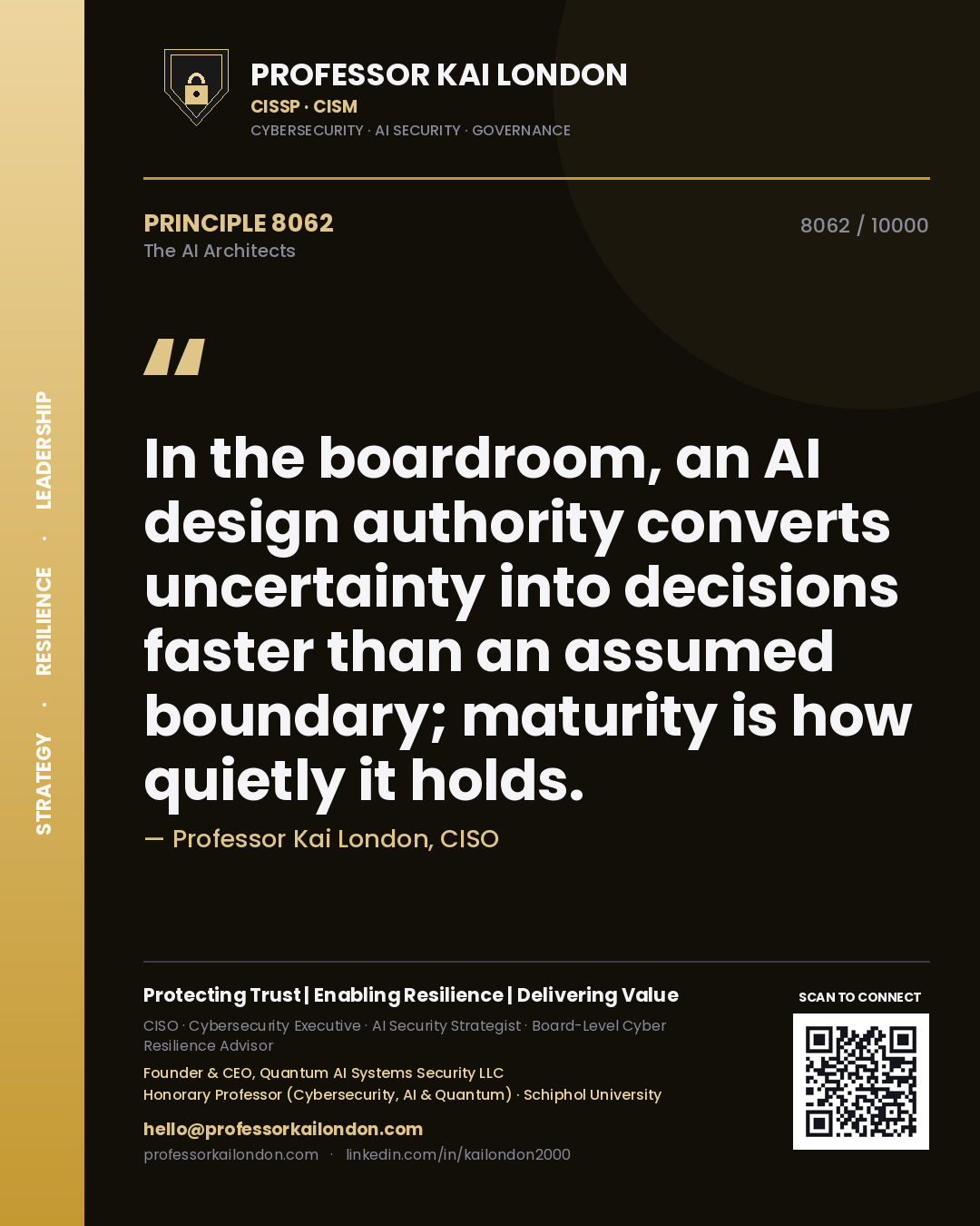 Professor Kai London principle 8062: In the boardroom, an AI design authority converts uncertainty into decisions faster than an assumed boundary; maturity is how quietly it holds.