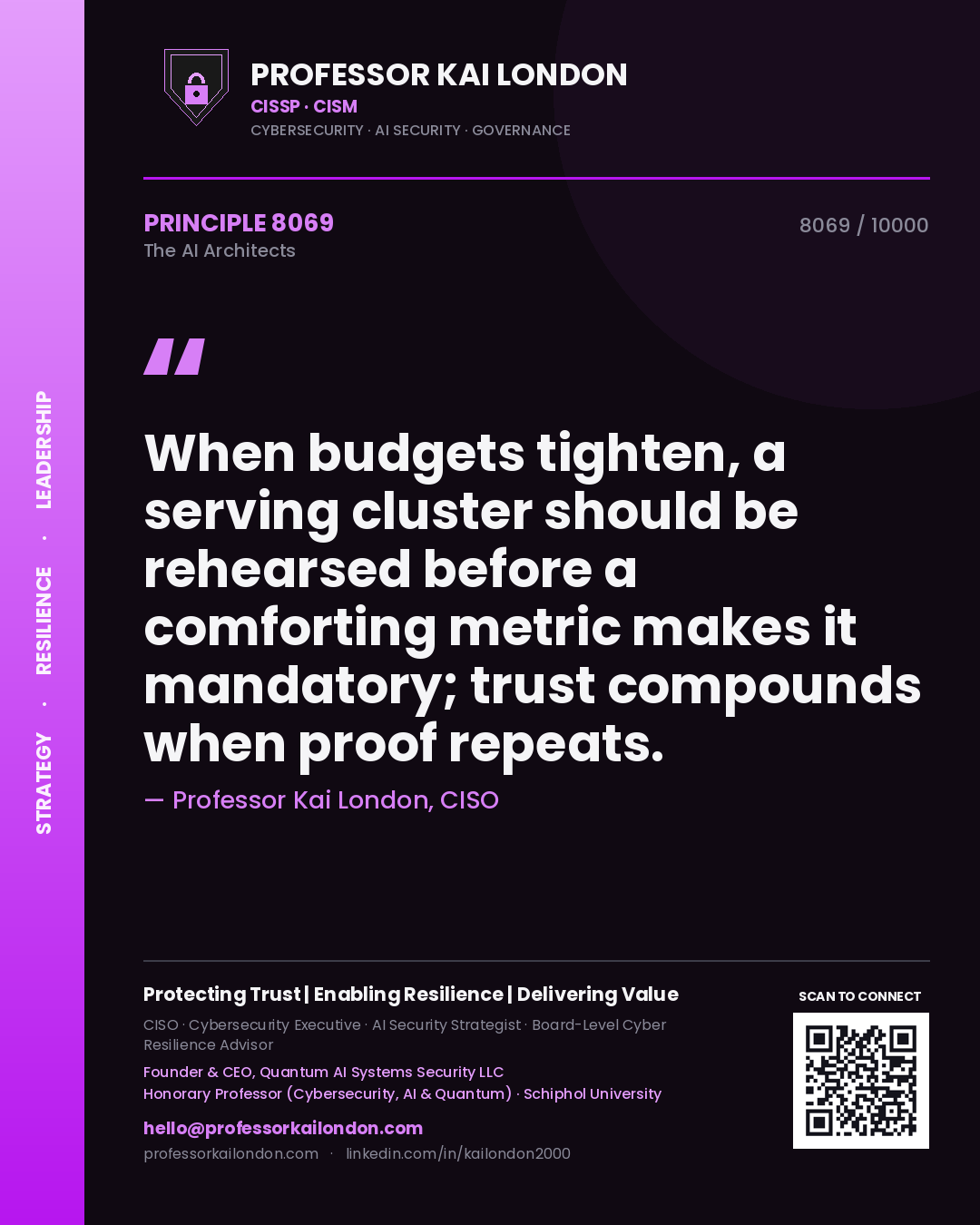 Professor Kai London principle 8069: When budgets tighten, a serving cluster should be rehearsed before a comforting metric makes it mandatory; trust compounds when proof repeats.