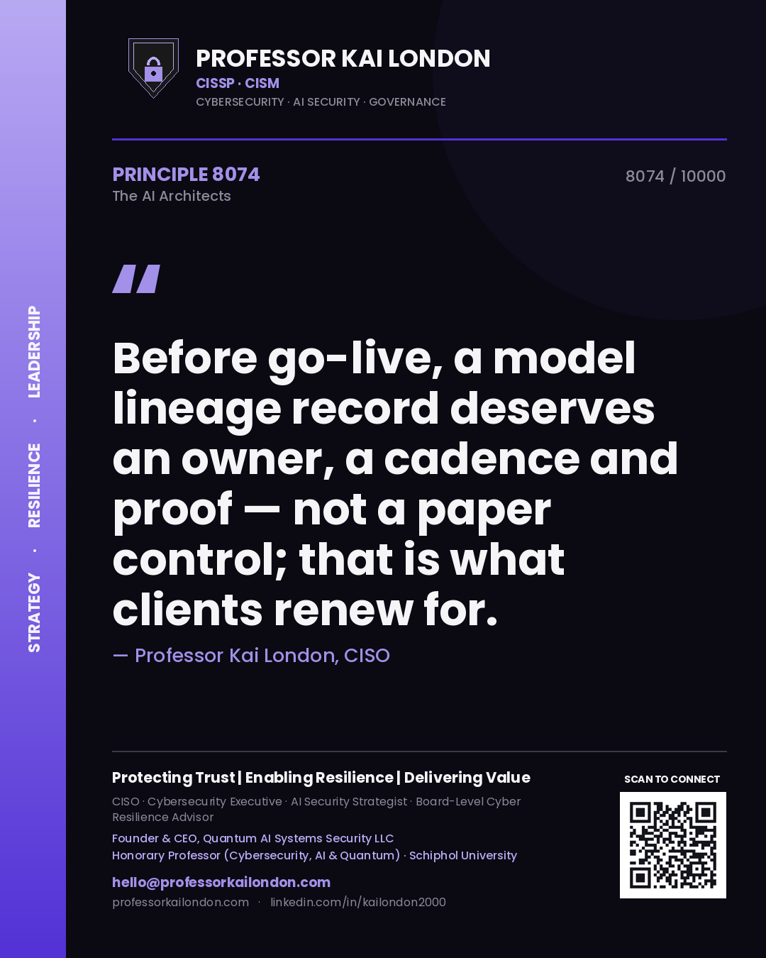 Professor Kai London principle 8074: Before go-live, a model lineage record deserves an owner, a cadence and proof — not a paper control; that is what clients renew for.