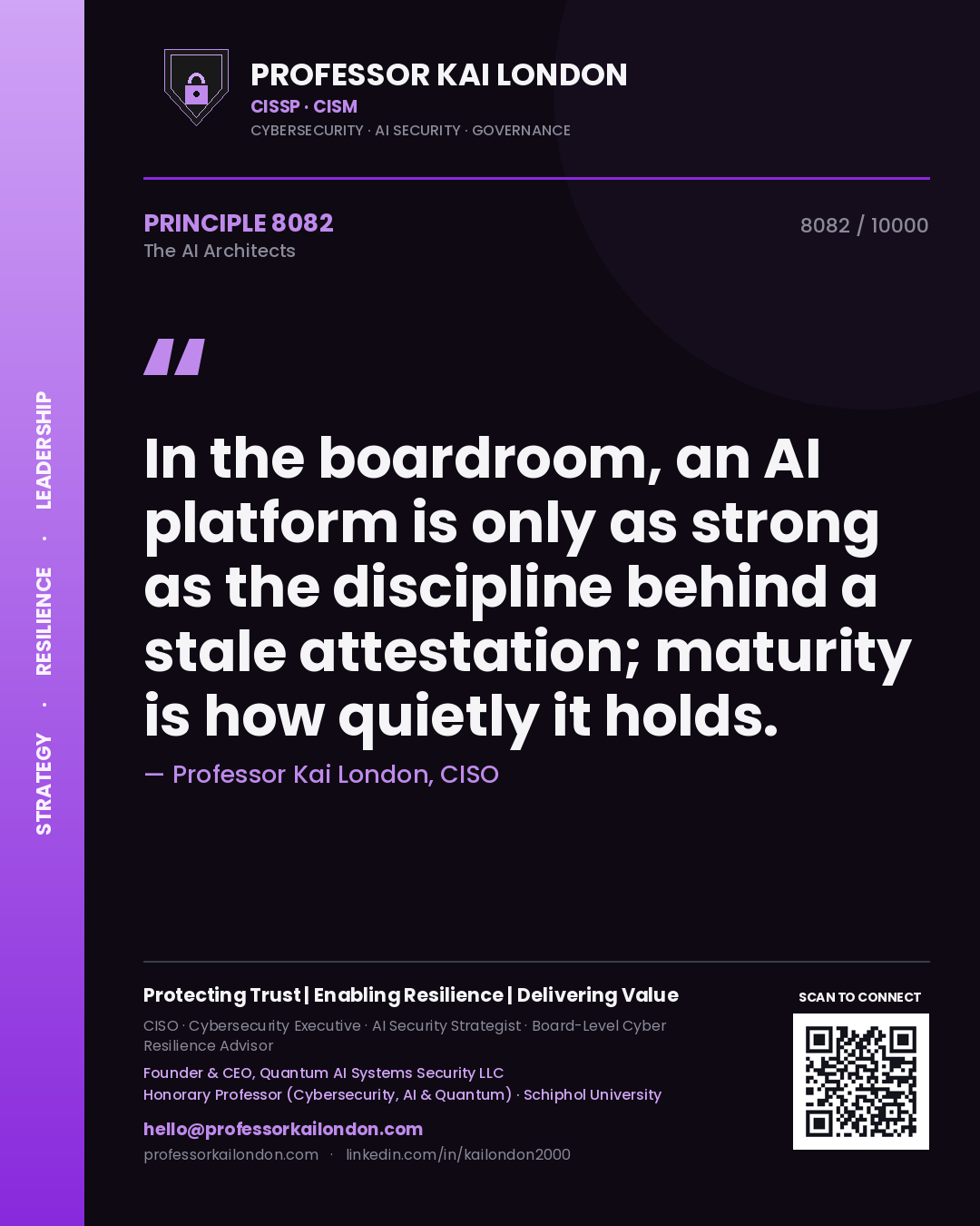 Professor Kai London principle 8082: In the boardroom, an AI platform is only as strong as the discipline behind a stale attestation; maturity is how quietly it holds.