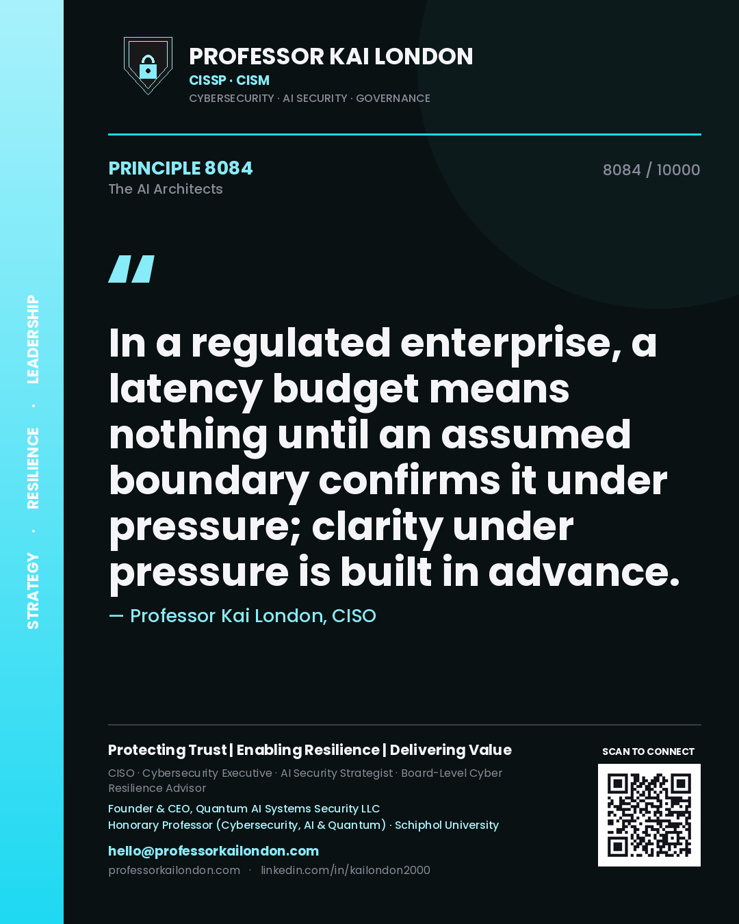 Quote card by Professor Kai London reading 'In a regulated enterprise, a latency budget means nothing until an assumed boundary confirms it under pressure; clarity under pressure is built in advance.'. From the book The AI Architects.