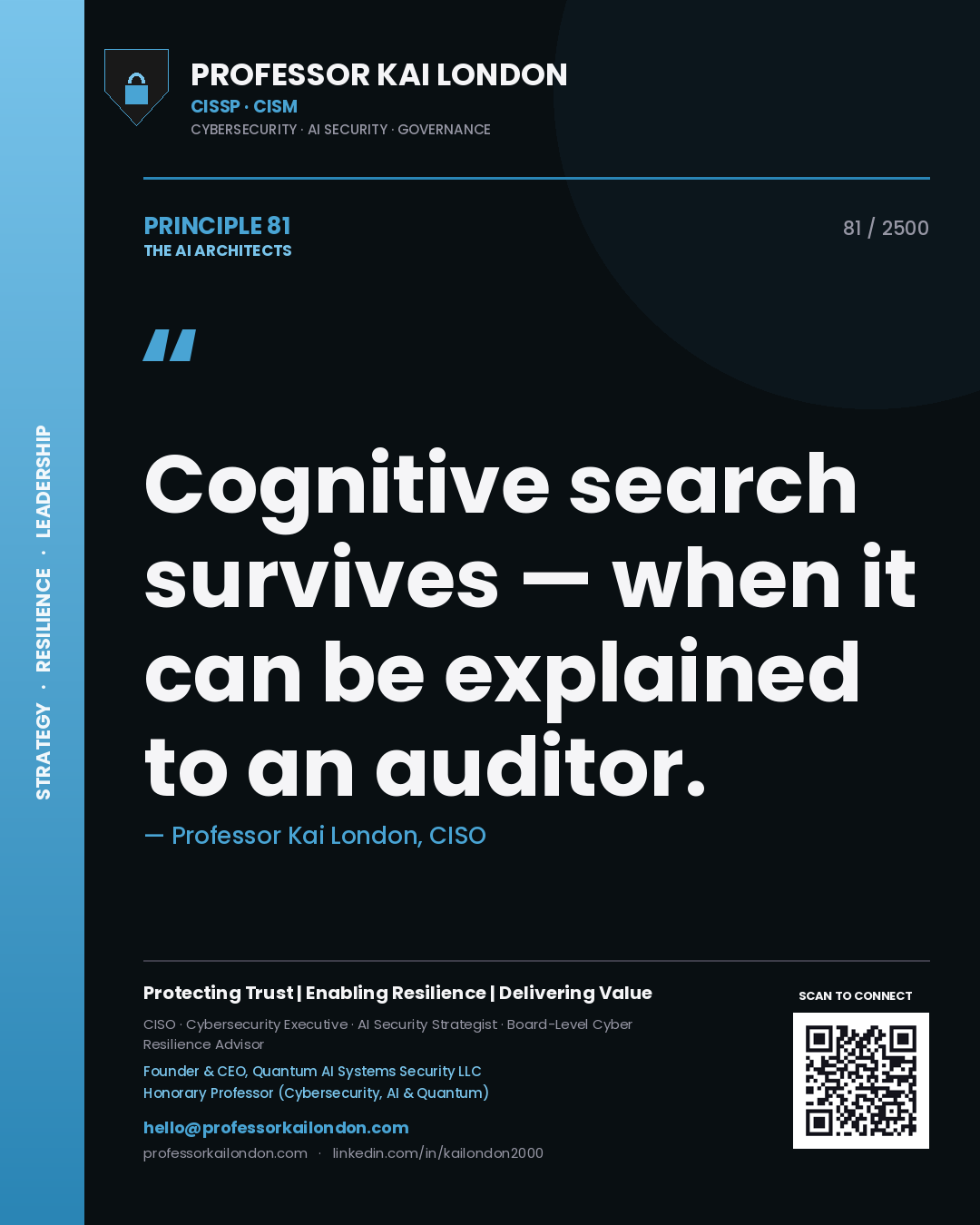 Quote card by Professor Kai London reading 'Cognitive search survives — when it can be explained to an auditor.'. From the book The AI Architects.