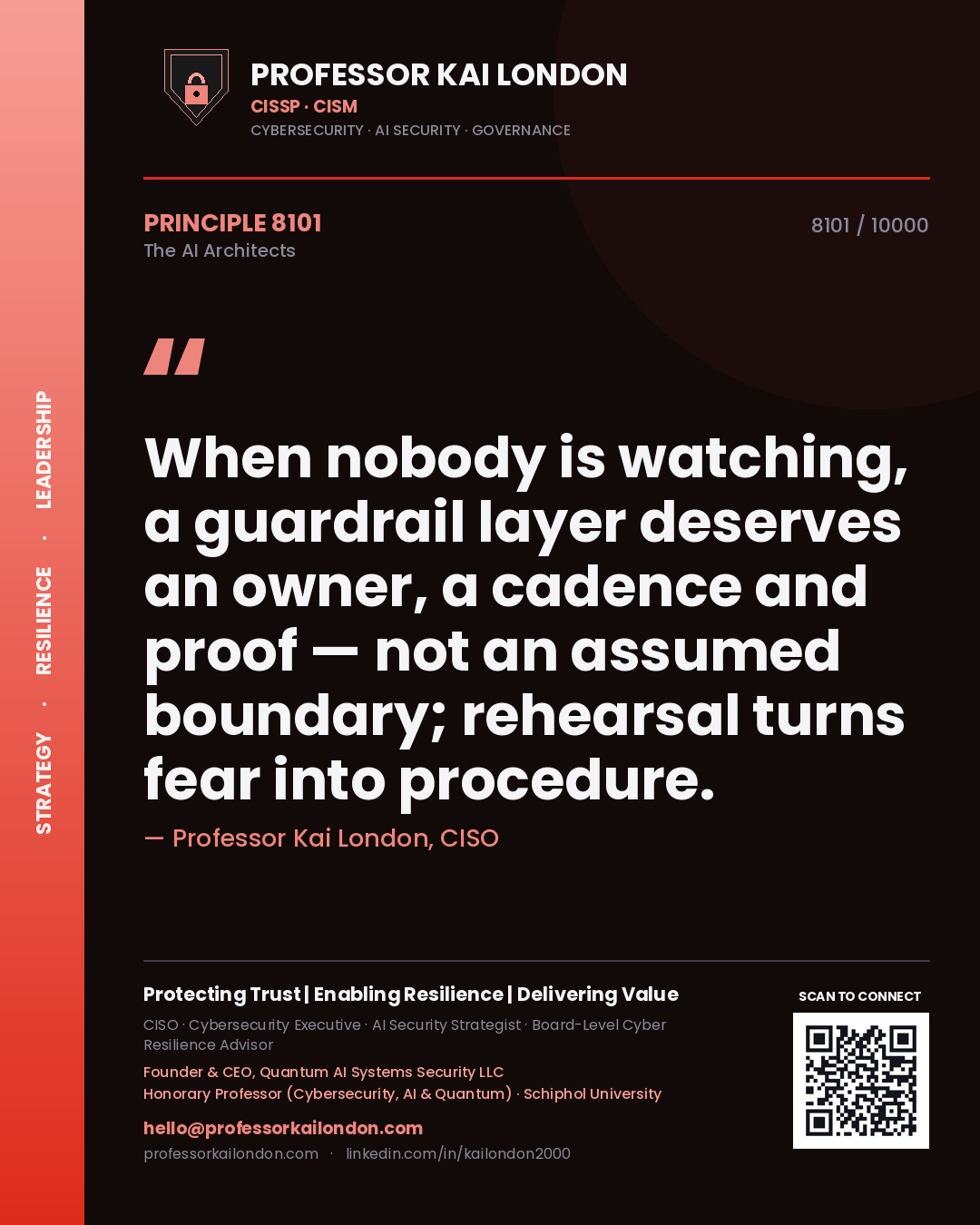 Quote card by Professor Kai London reading 'When nobody is watching, a guardrail layer deserves an owner, a cadence and proof — not an assumed boundary; rehearsal turns fear into procedure.'. From the book The AI Architects.