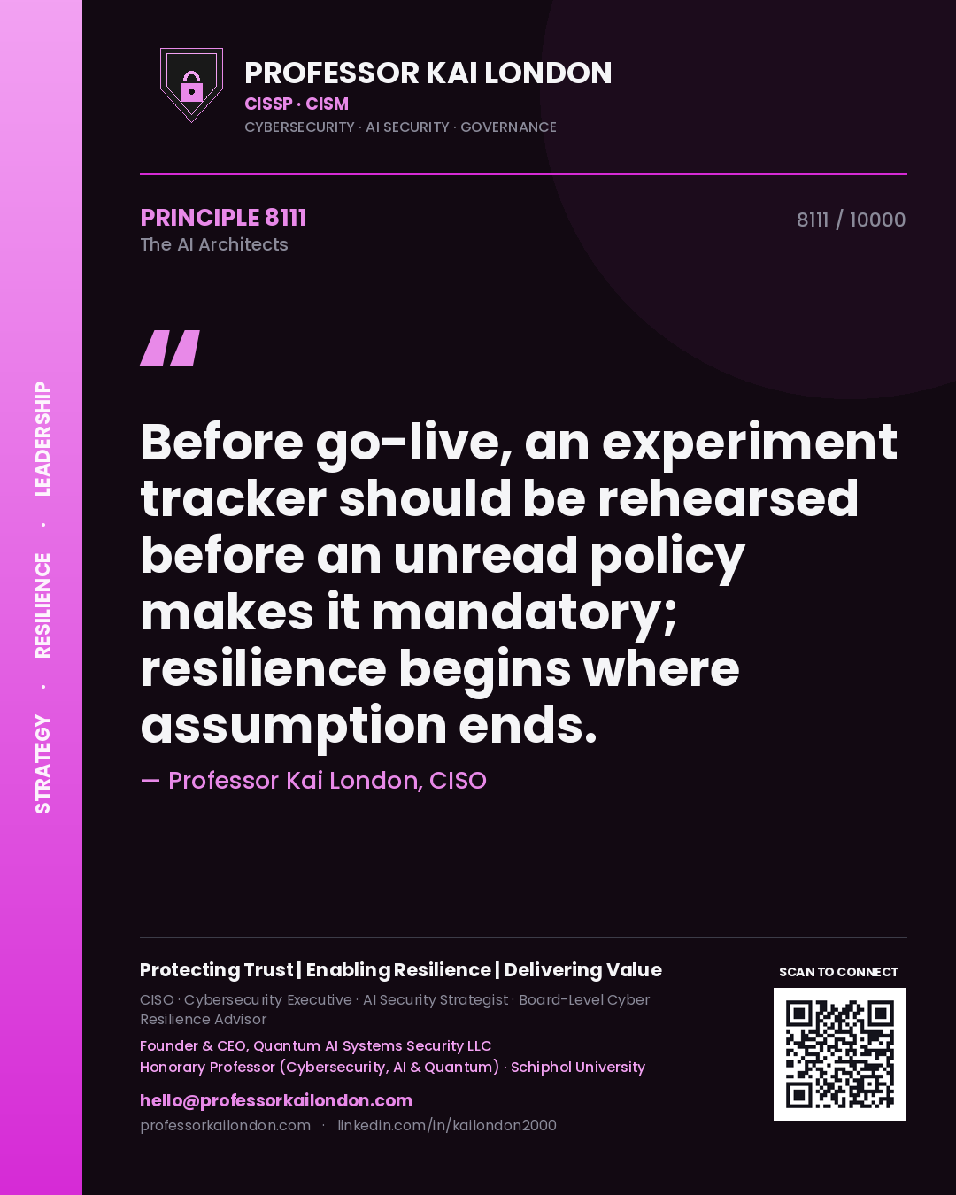 Quote card by Professor Kai London reading 'Before go-live, an experiment tracker should be rehearsed before an unread policy makes it mandatory; resilience begins where assumption ends.'. From the book The AI Architects.