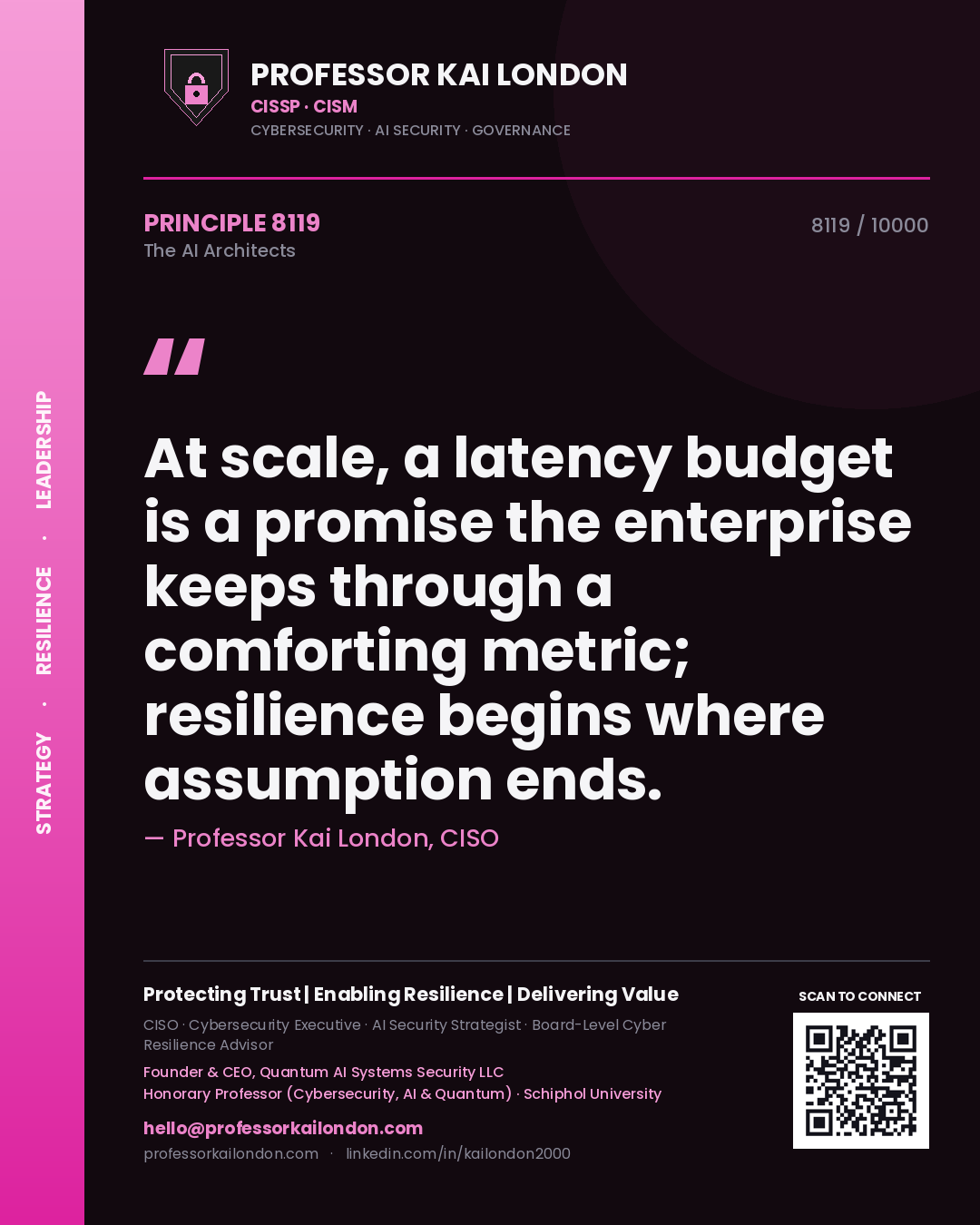 Professor Kai London principle 8119: At scale, a latency budget is a promise the enterprise keeps through a comforting metric; resilience begins where assumption ends.