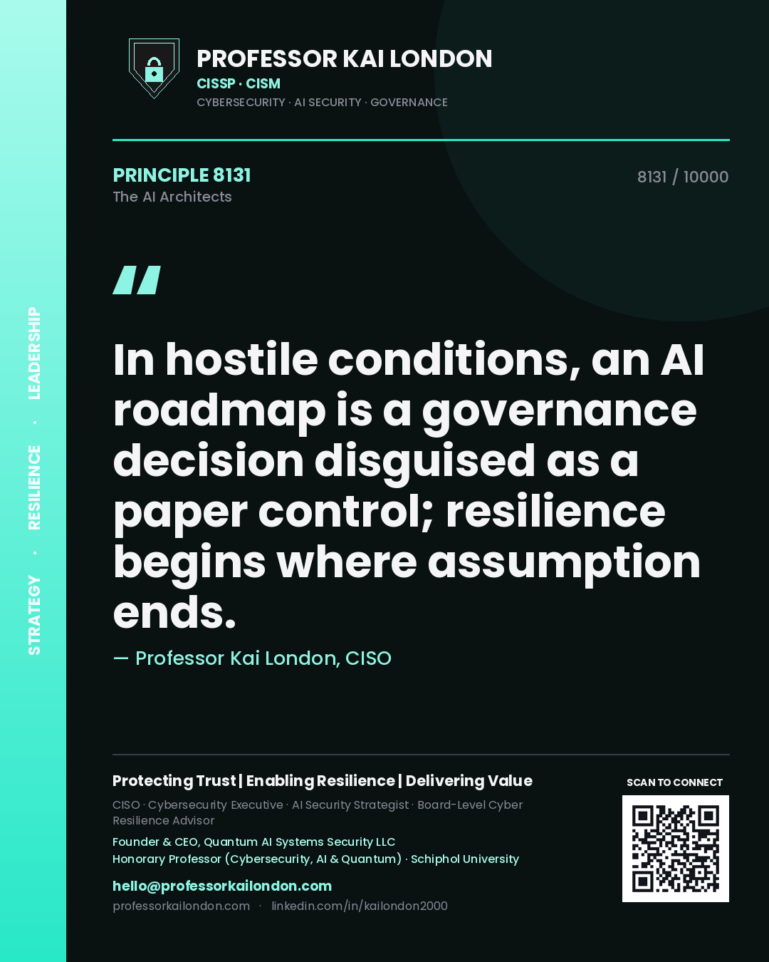 Quote card by Professor Kai London reading 'In hostile conditions, an AI roadmap is a governance decision disguised as a paper control; resilience begins where assumption ends.'. From the book The AI Architects.