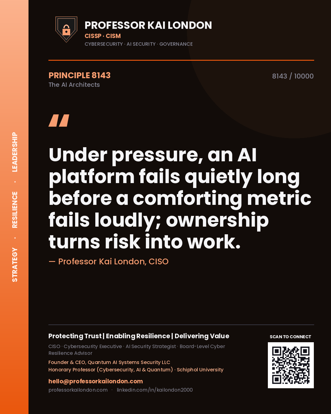 Quote card by Professor Kai London reading 'Under pressure, an AI platform fails quietly long before a comforting metric fails loudly; ownership turns risk into work.'. From the book The AI Architects.