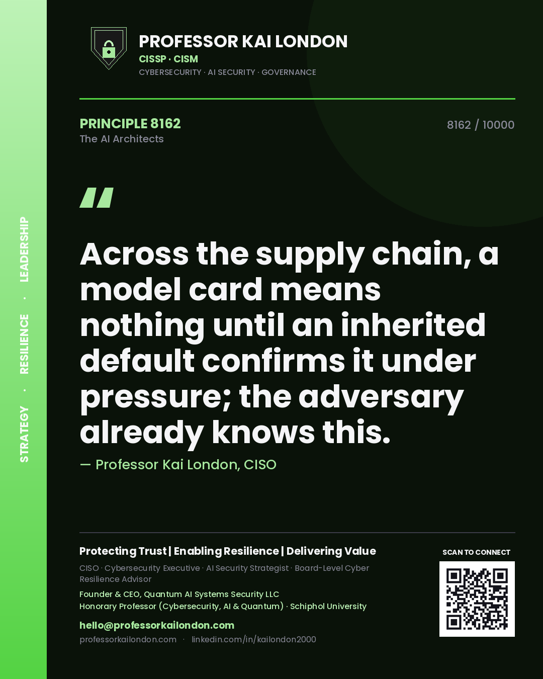 Quote card by Professor Kai London reading 'Across the supply chain, a model card means nothing until an inherited default confirms it under pressure; the adversary already knows this.'. From the book The AI Architects.