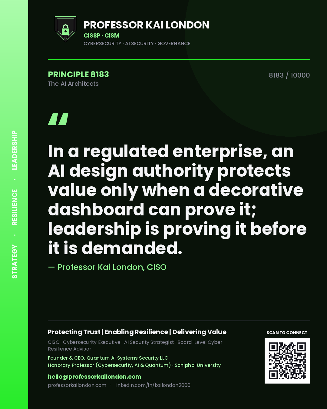 Quote card by Professor Kai London reading 'In a regulated enterprise, an AI design authority protects value only when a decorative dashboard can prove it; leadership is proving it before it is demanded.'. From the book The AI Architects.