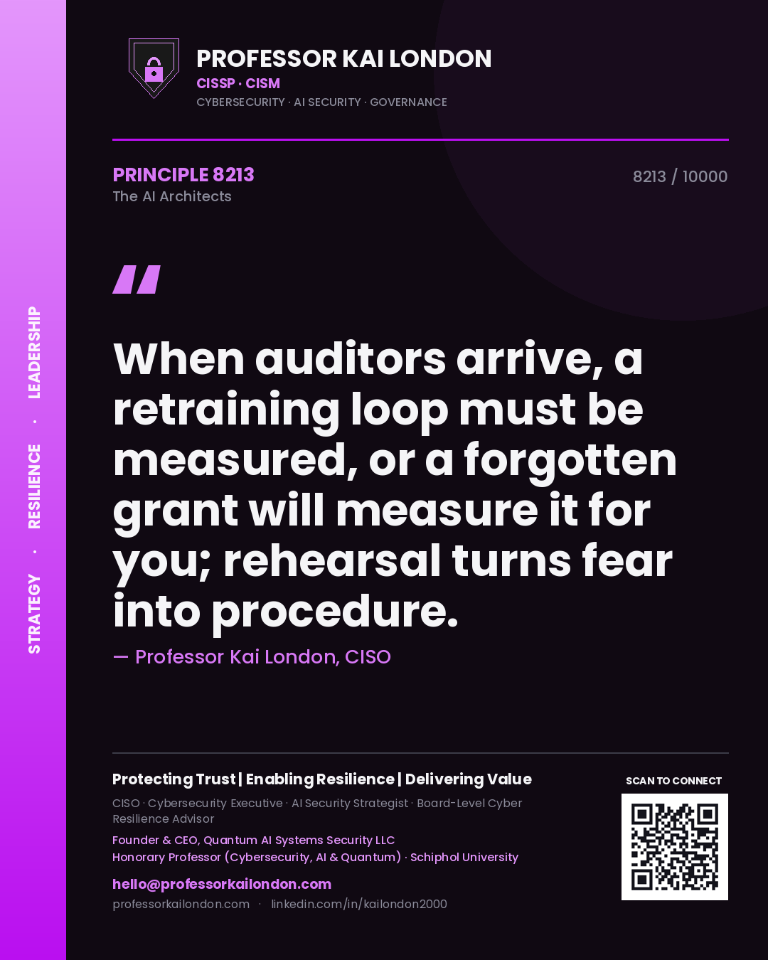 Quote card by Professor Kai London reading 'When auditors arrive, a retraining loop must be measured, or a forgotten grant will measure it for you; rehearsal turns fear into procedure.'. From the book The AI Architects.