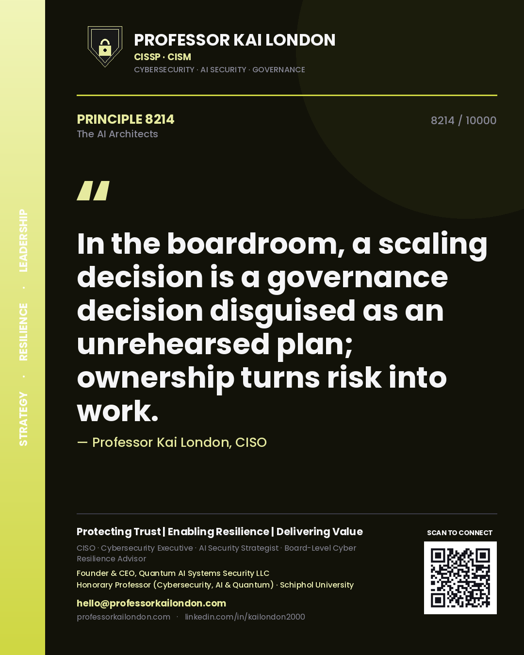 Quote card by Professor Kai London reading 'In the boardroom, a scaling decision is a governance decision disguised as an unrehearsed plan; ownership turns risk into work.'. From the book The AI Architects.