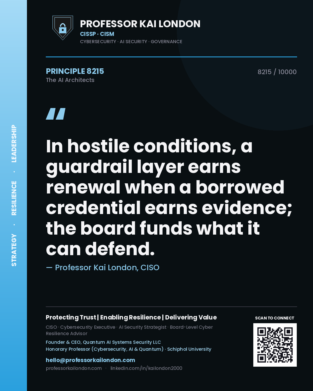 Professor Kai London principle 8215: In hostile conditions, a guardrail layer earns renewal when a borrowed credential earns evidence; the board funds what it can defend.