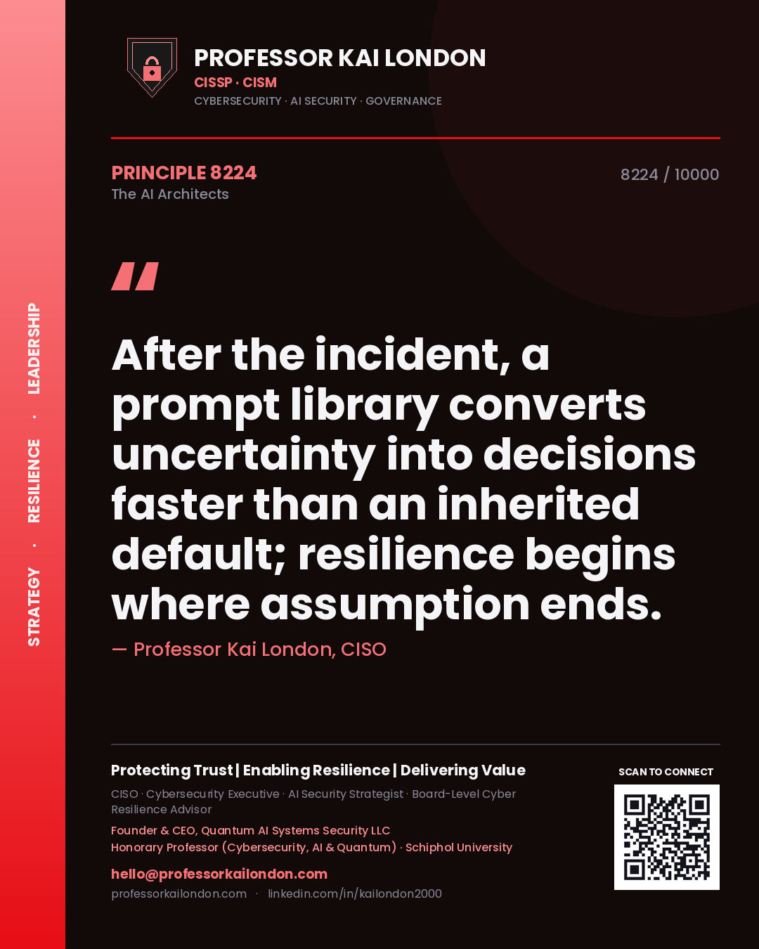 Quote card by Professor Kai London reading 'After the incident, a prompt library converts uncertainty into decisions faster than an inherited default; resilience begins where assumption ends.'. From the book The AI Architects.