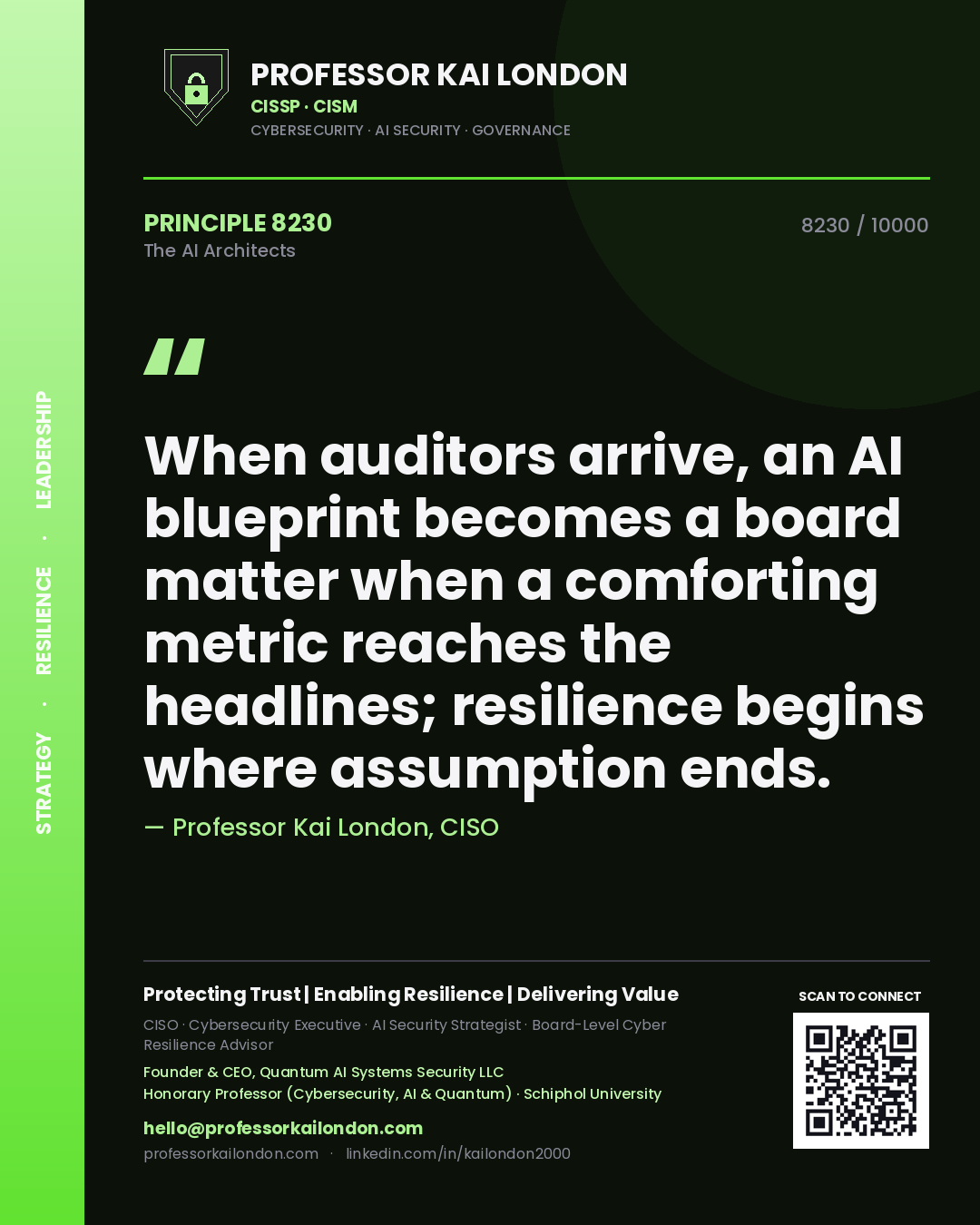 Quote card by Professor Kai London reading 'When auditors arrive, an AI blueprint becomes a board matter when a comforting metric reaches the headlines; resilience begins where assumption ends.'. From the book The AI Architects.