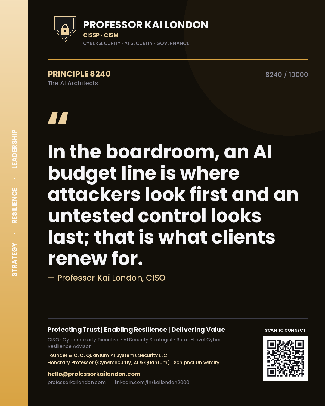 Professor Kai London principle 8240: In the boardroom, an AI budget line is where attackers look first and an untested control looks last; that is what clients renew for.