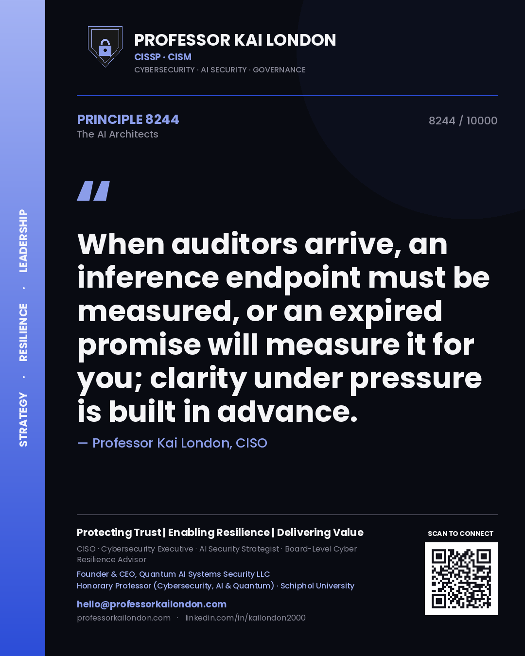 Professor Kai London principle 8244: When auditors arrive, an inference endpoint must be measured, or an expired promise will measure it for you; clarity under pressure is built in advance.