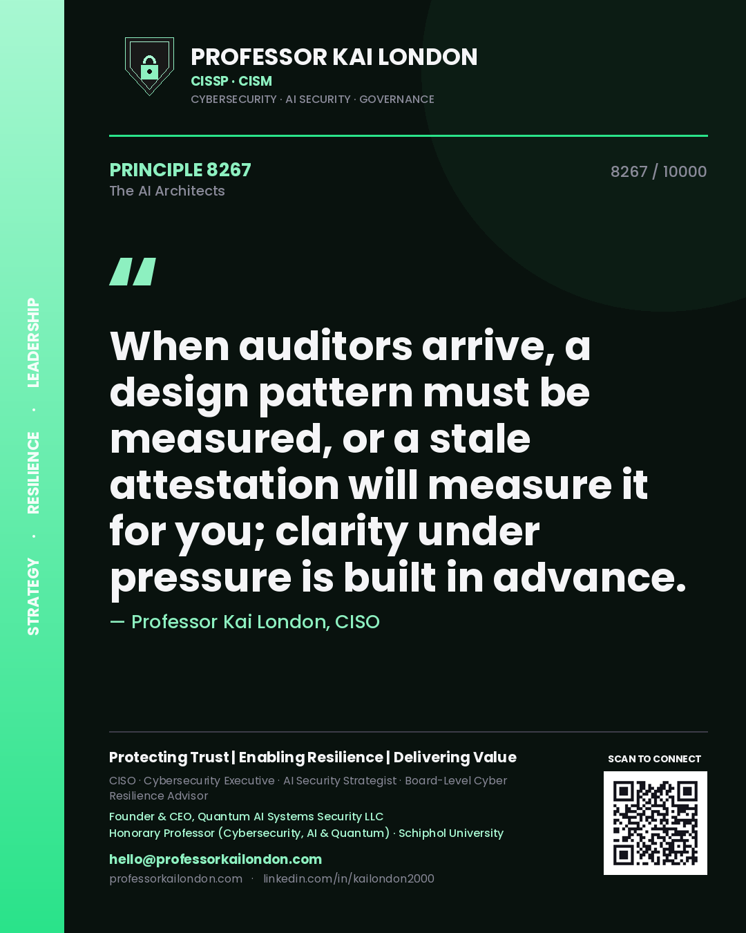 Professor Kai London principle 8267: When auditors arrive, a design pattern must be measured, or a stale attestation will measure it for you; clarity under pressure is built in advance.