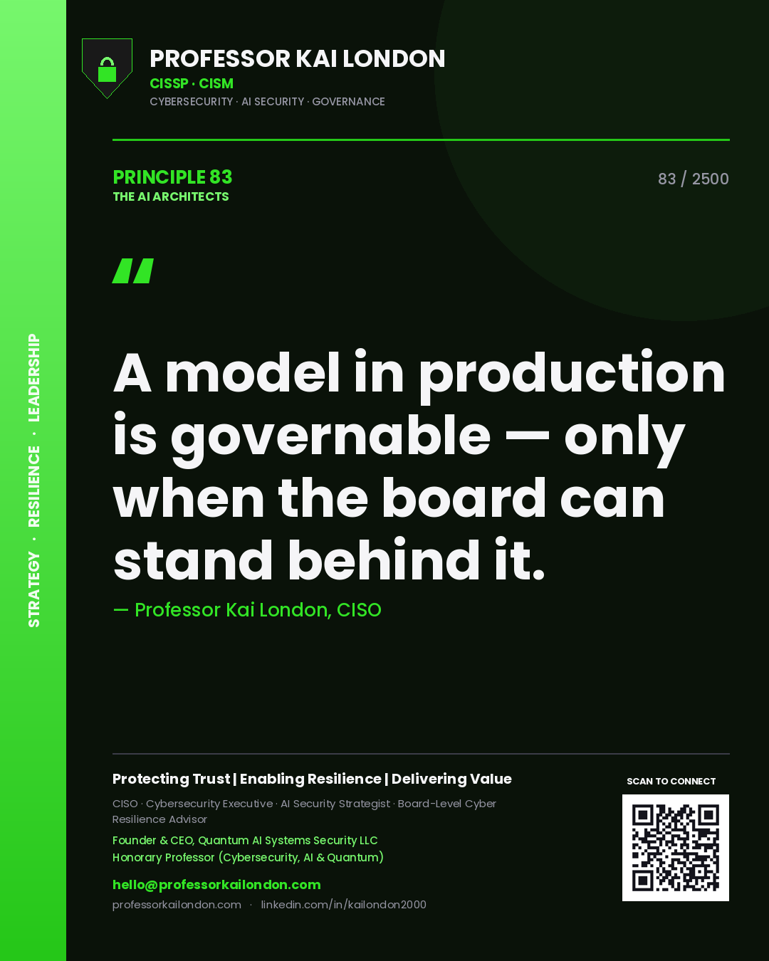 Quote card by Professor Kai London reading 'A model in production is governable — only when the board can stand behind it.'. From the book The AI Architects.