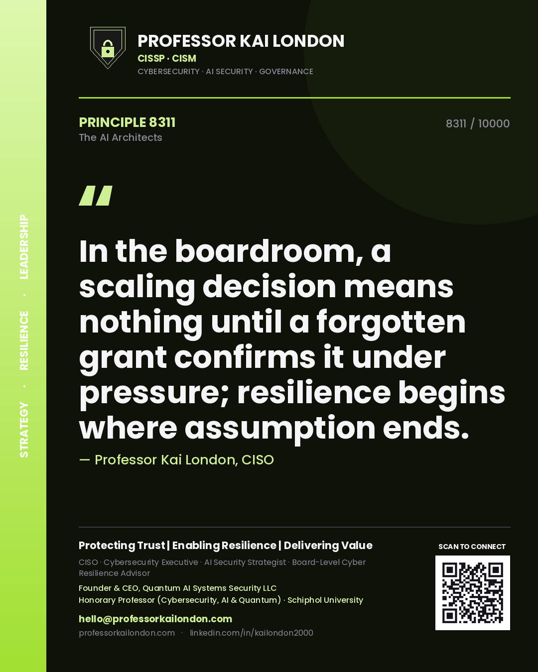 Quote card by Professor Kai London reading 'In the boardroom, a scaling decision means nothing until a forgotten grant confirms it under pressure; resilience begins where assumption ends.'. From the book The AI Architects.