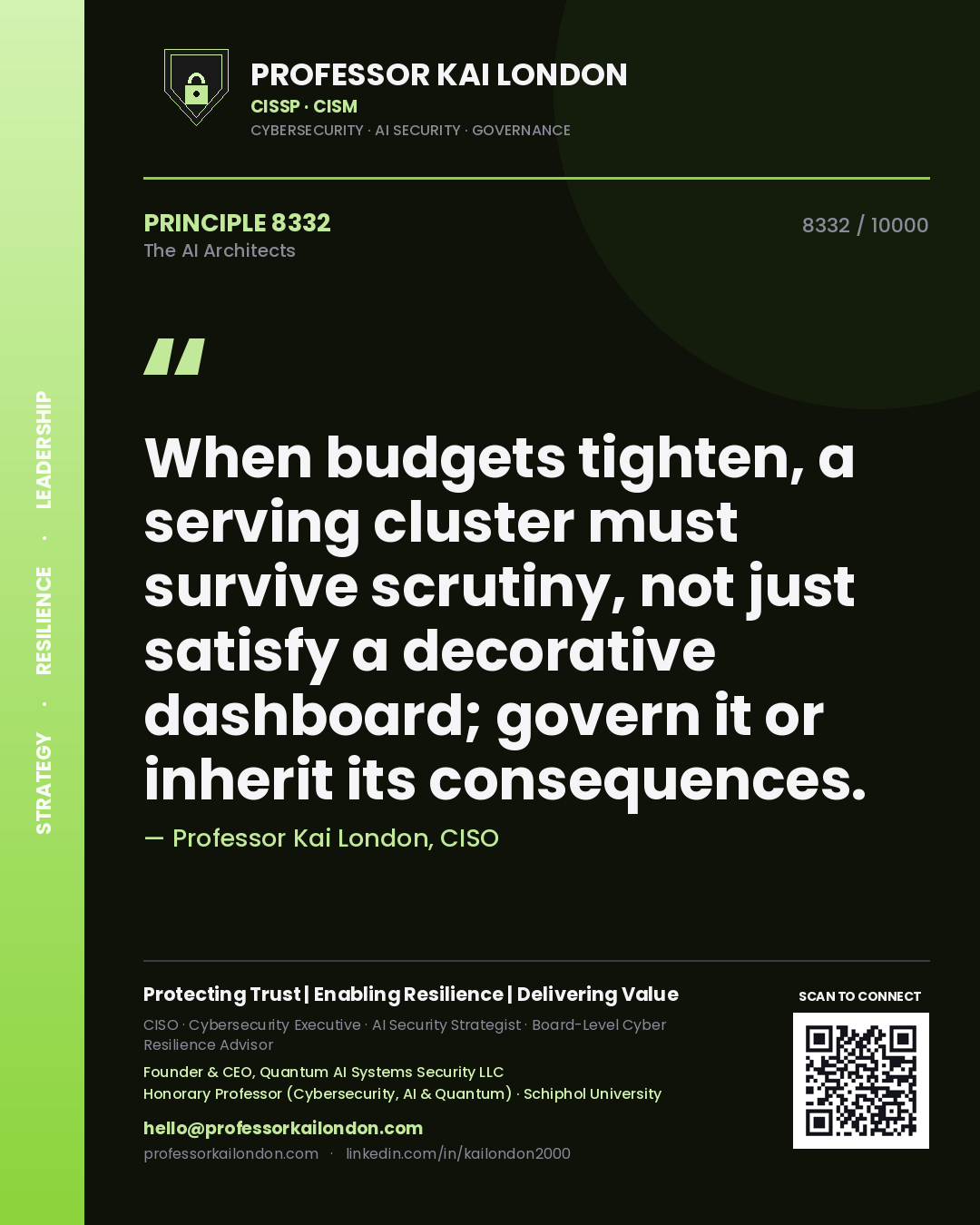 Quote card by Professor Kai London reading 'When budgets tighten, a serving cluster must survive scrutiny, not just satisfy a decorative dashboard; govern it or inherit its consequences.'. From the book The AI Architects.