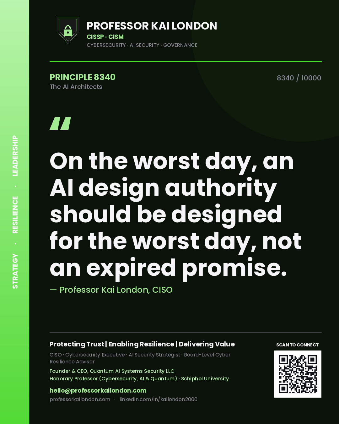 Quote card by Professor Kai London reading 'On the worst day, an AI design authority should be designed for the worst day, not an expired promise.'. From the book The AI Architects.