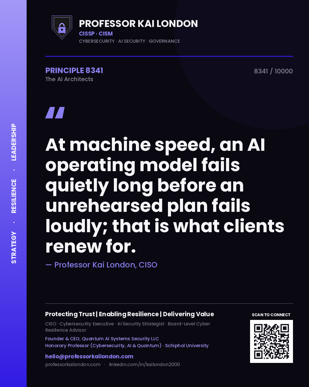 Professor Kai London principle 8341: At machine speed, an AI operating model fails quietly long before an unrehearsed plan fails loudly; that is what clients renew for.