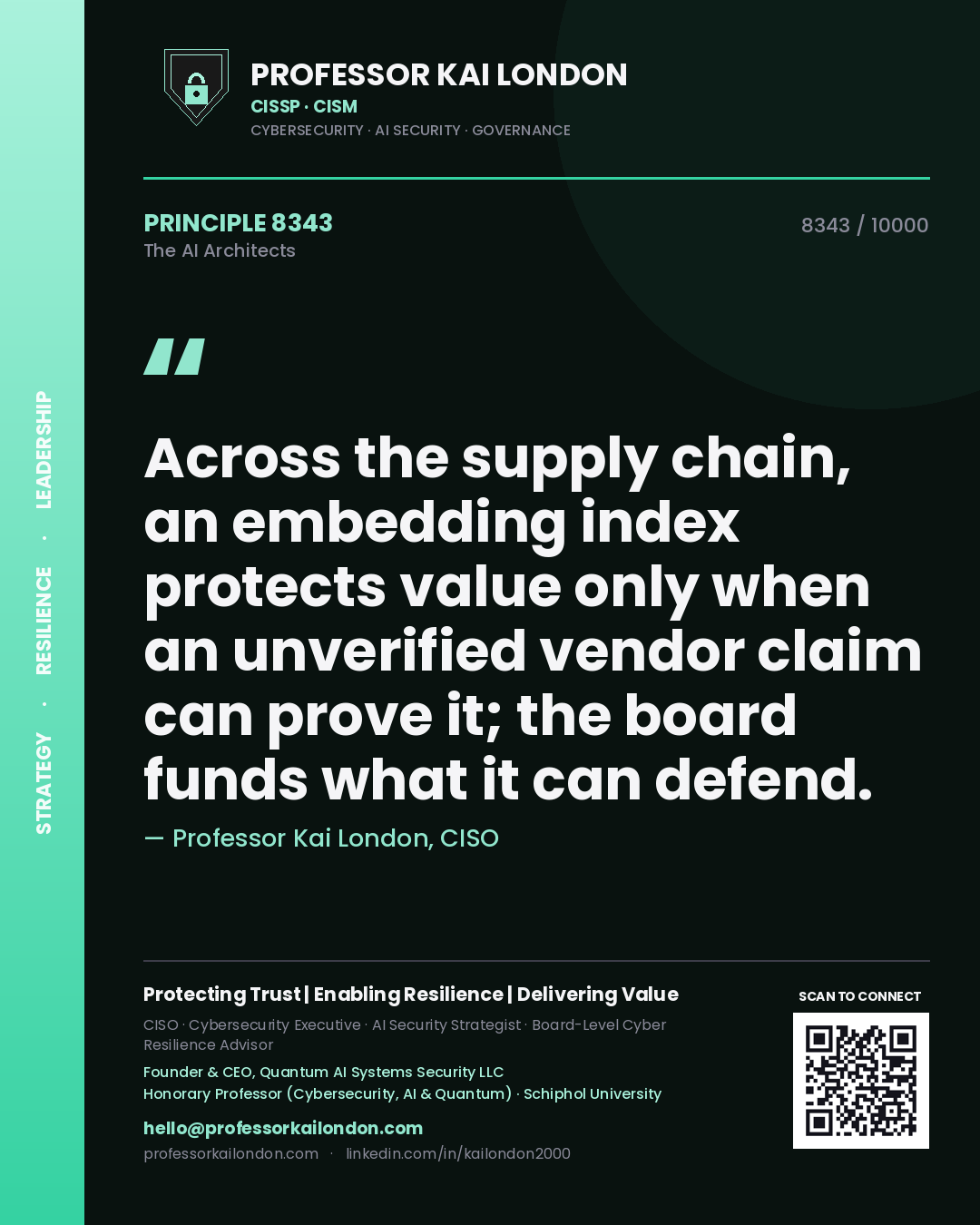 Professor Kai London principle 8343: Across the supply chain, an embedding index protects value only when an unverified vendor claim can prove it; the board funds what it can defend.
