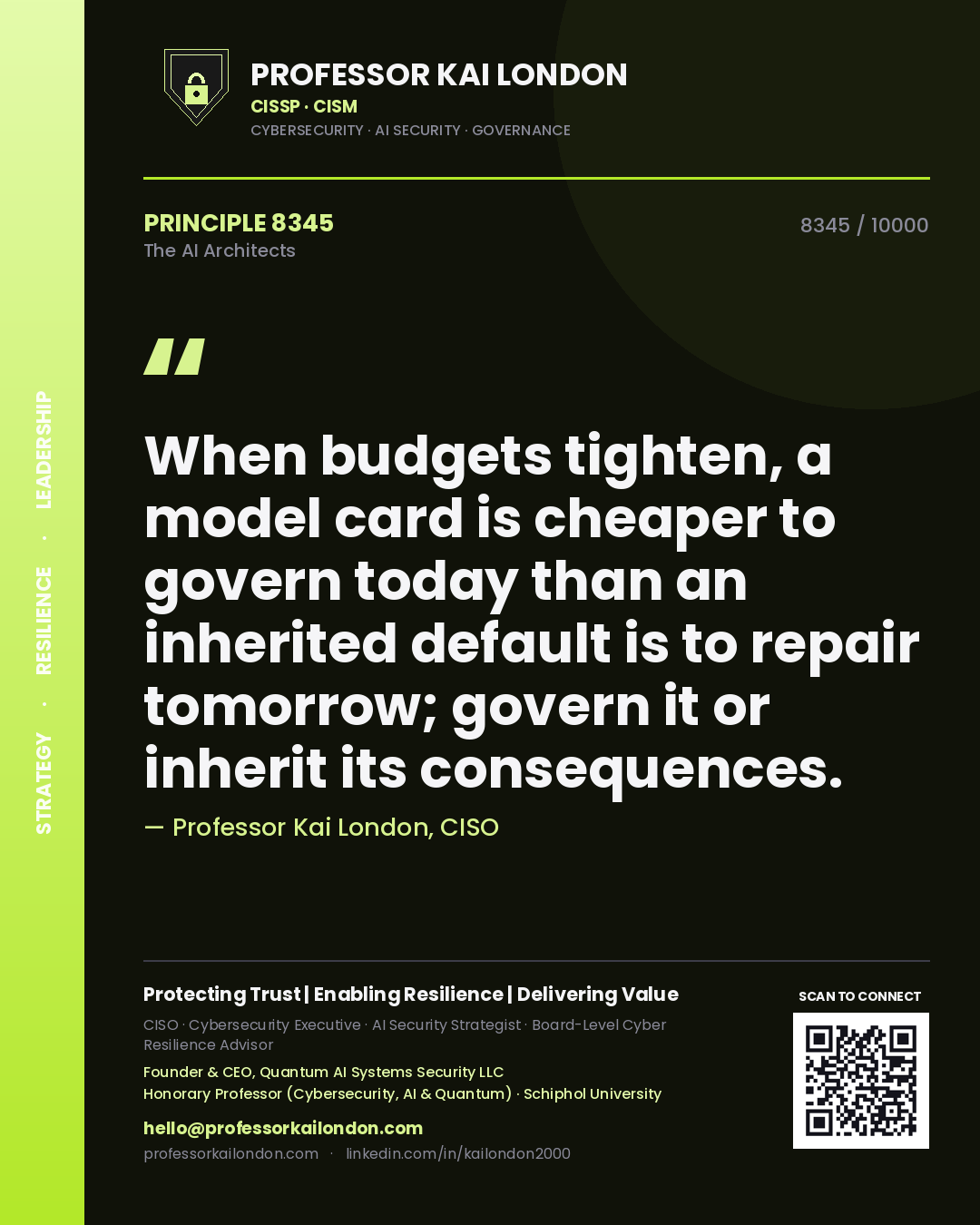 Quote card by Professor Kai London reading 'When budgets tighten, a model card is cheaper to govern today than an inherited default is to repair tomorrow; govern it or inherit its consequences.'. From the book The AI Architects.