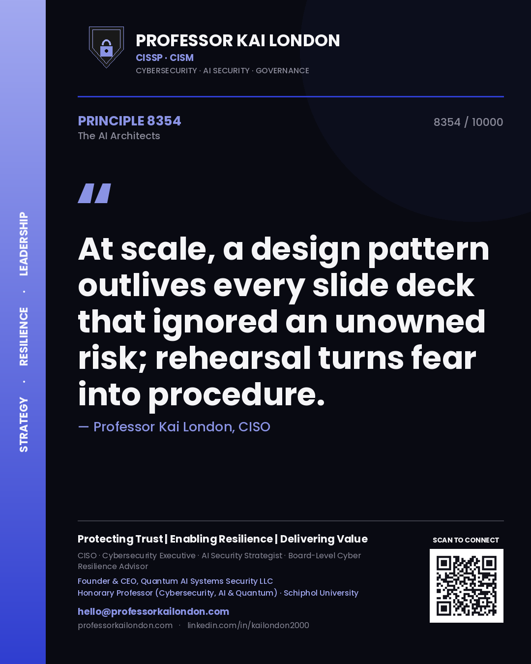 Quote card by Professor Kai London reading 'At scale, a design pattern outlives every slide deck that ignored an unowned risk; rehearsal turns fear into procedure.'. From the book The AI Architects.