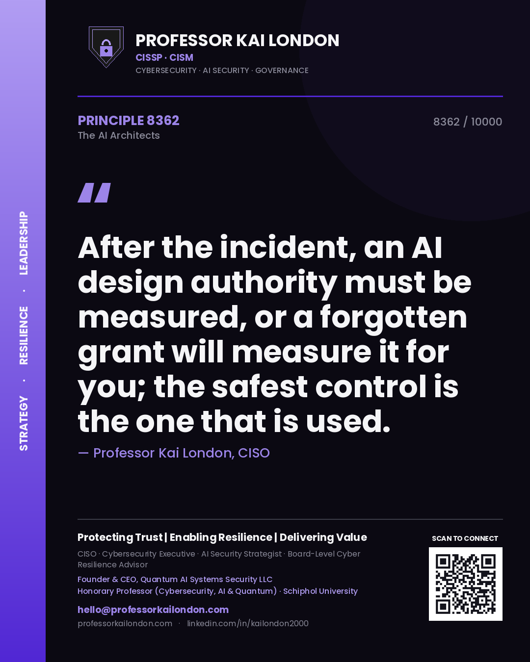 Quote card by Professor Kai London reading 'After the incident, an AI design authority must be measured, or a forgotten grant will measure it for you; the safest control is the one that is used.'. From the book The AI Architects.