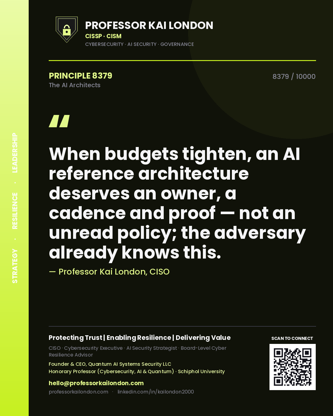 Quote card by Professor Kai London reading 'When budgets tighten, an AI reference architecture deserves an owner, a cadence and proof — not an unread policy; the adversary already knows this.'. From the book The AI Architects.