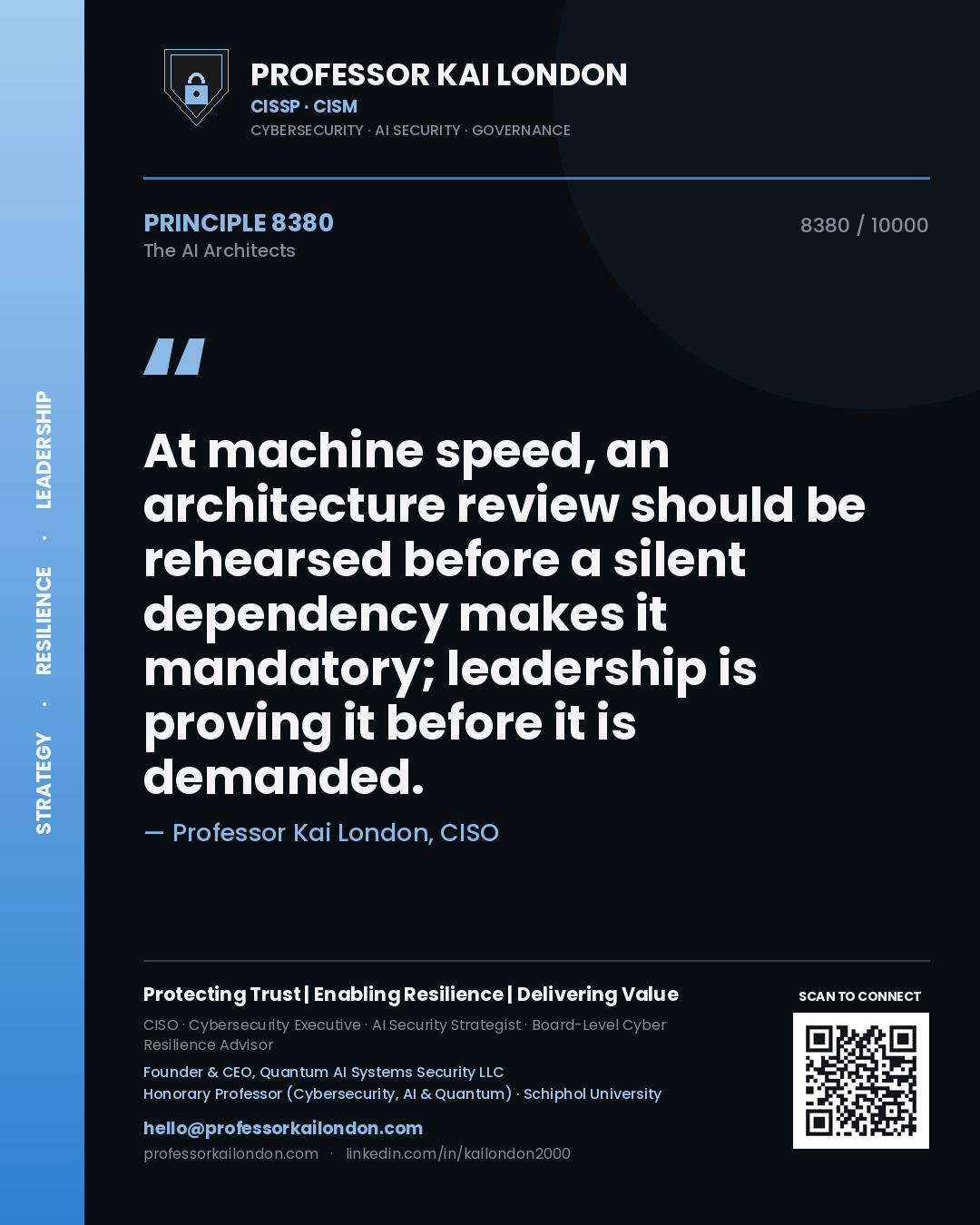 Professor Kai London principle 8380: At machine speed, an architecture review should be rehearsed before a silent dependency makes it mandatory; leadership is proving it before it is demanded.