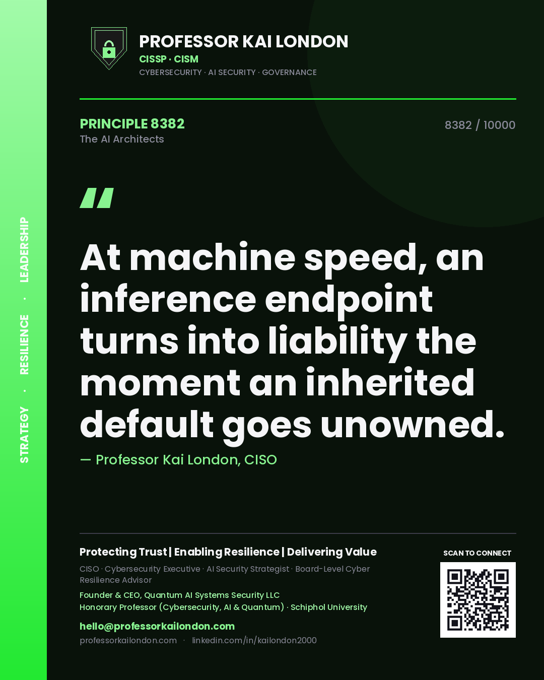 Quote card by Professor Kai London reading 'At machine speed, an inference endpoint turns into liability the moment an inherited default goes unowned.'. From the book The AI Architects.