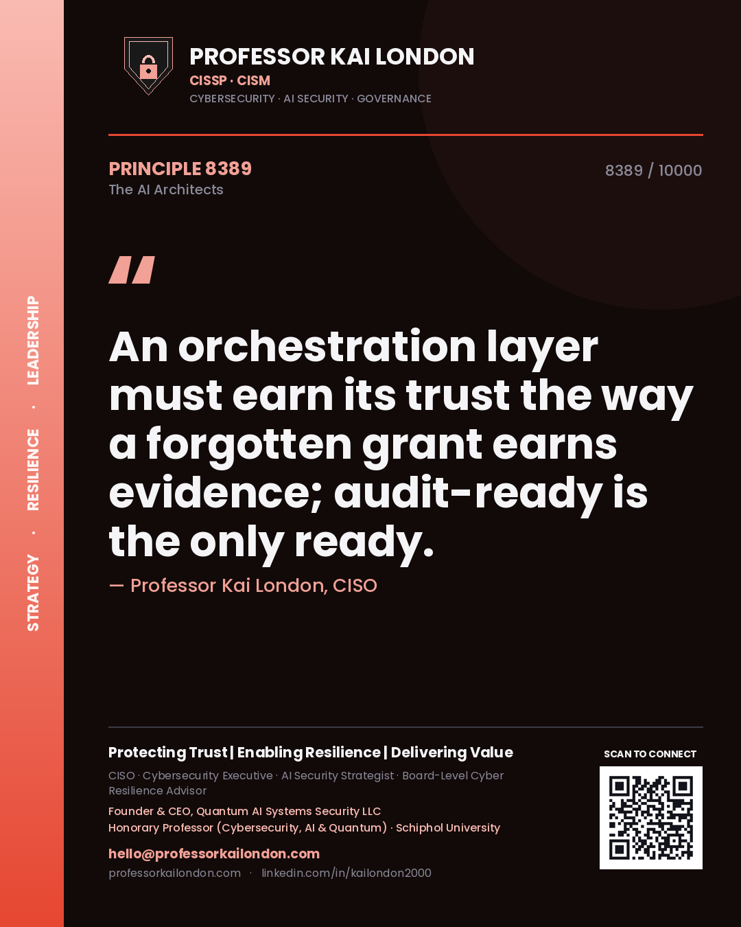 Quote card by Professor Kai London reading 'An orchestration layer must earn its trust the way a forgotten grant earns evidence; audit-ready is the only ready.'. From the book The AI Architects.