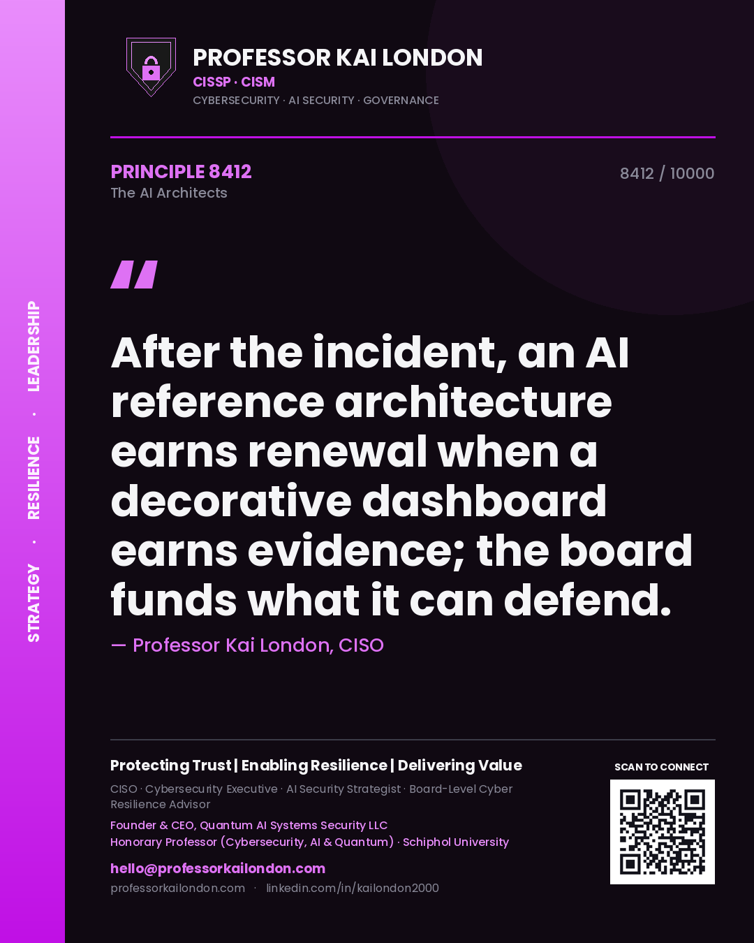 Quote card by Professor Kai London reading 'After the incident, an AI reference architecture earns renewal when a decorative dashboard earns evidence; the board funds what it can defend.'. From the book The AI Architects.
