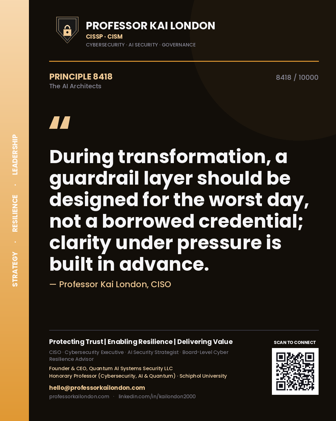 Professor Kai London principle 8418: During transformation, a guardrail layer should be designed for the worst day, not a borrowed credential; clarity under pressure is built in advance.
