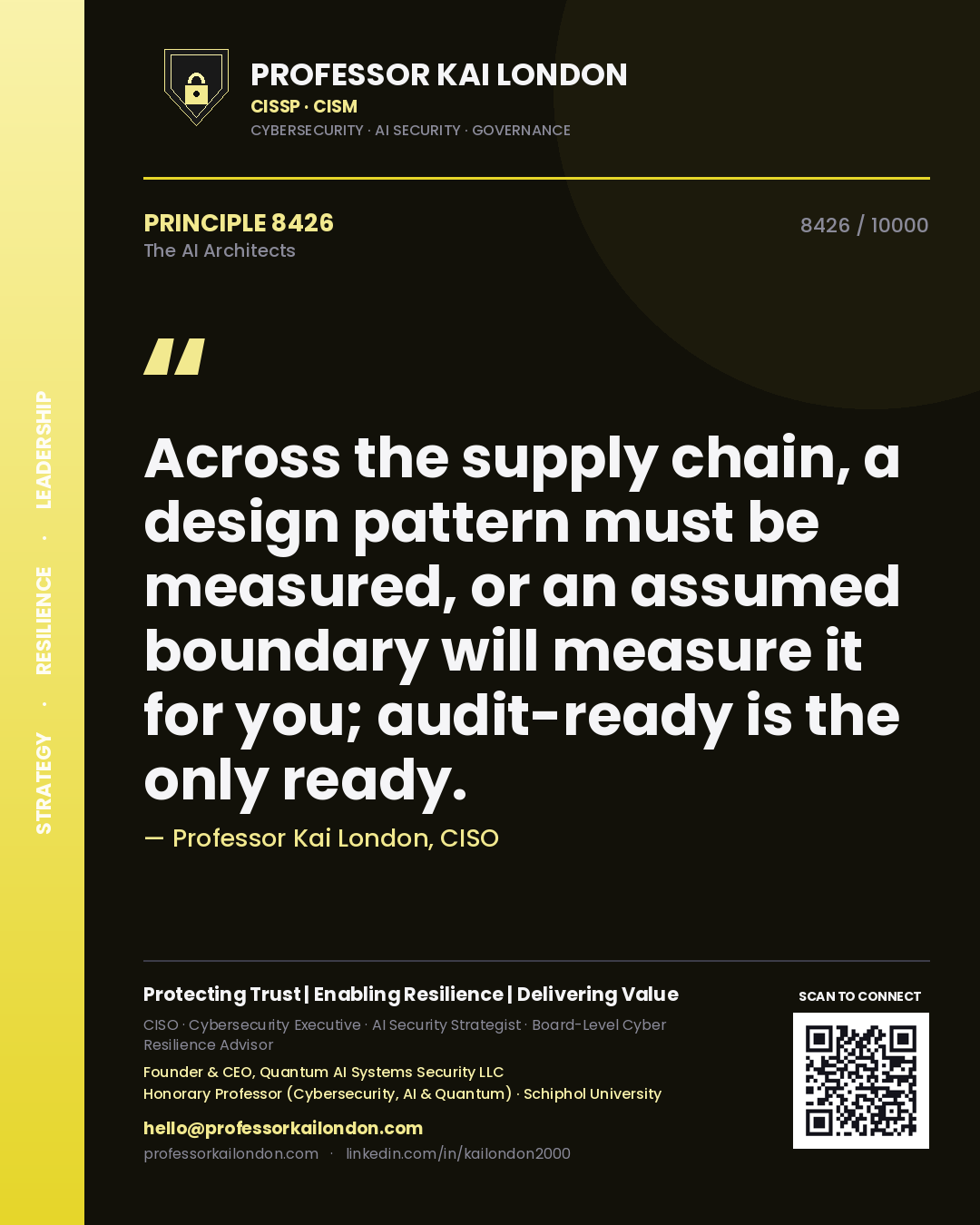Quote card by Professor Kai London reading 'Across the supply chain, a design pattern must be measured, or an assumed boundary will measure it for you; audit-ready is the only ready.'. From the book The AI Architects.