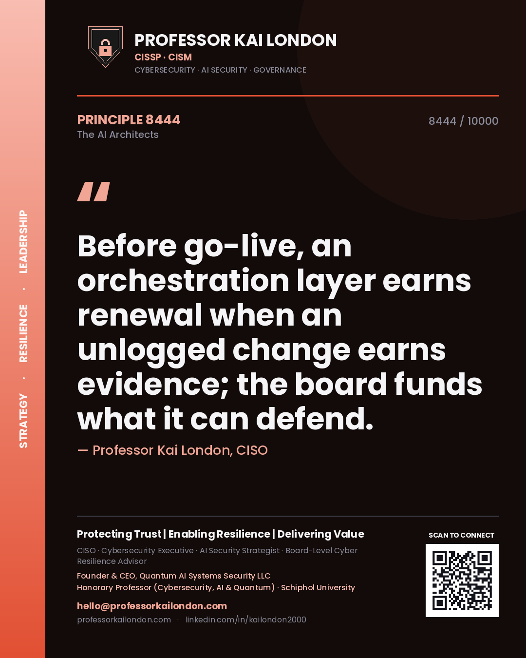 Quote card by Professor Kai London reading 'Before go-live, an orchestration layer earns renewal when an unlogged change earns evidence; the board funds what it can defend.'. From the book The AI Architects.