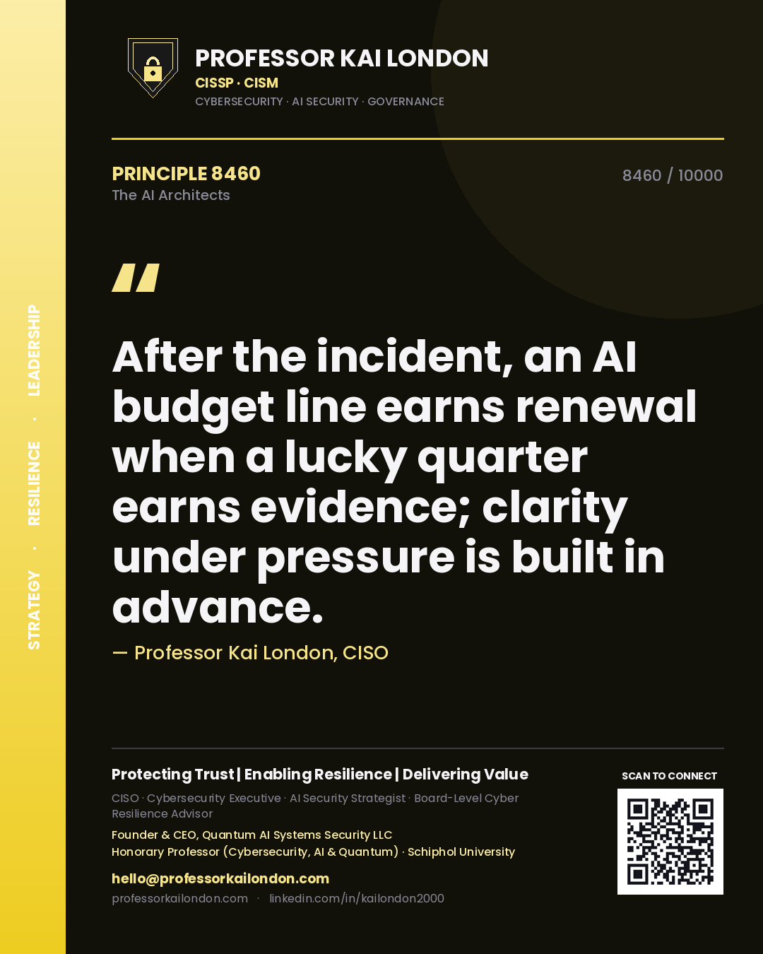 Quote card by Professor Kai London reading 'After the incident, an AI budget line earns renewal when a lucky quarter earns evidence; clarity under pressure is built in advance.'. From the book The AI Architects.