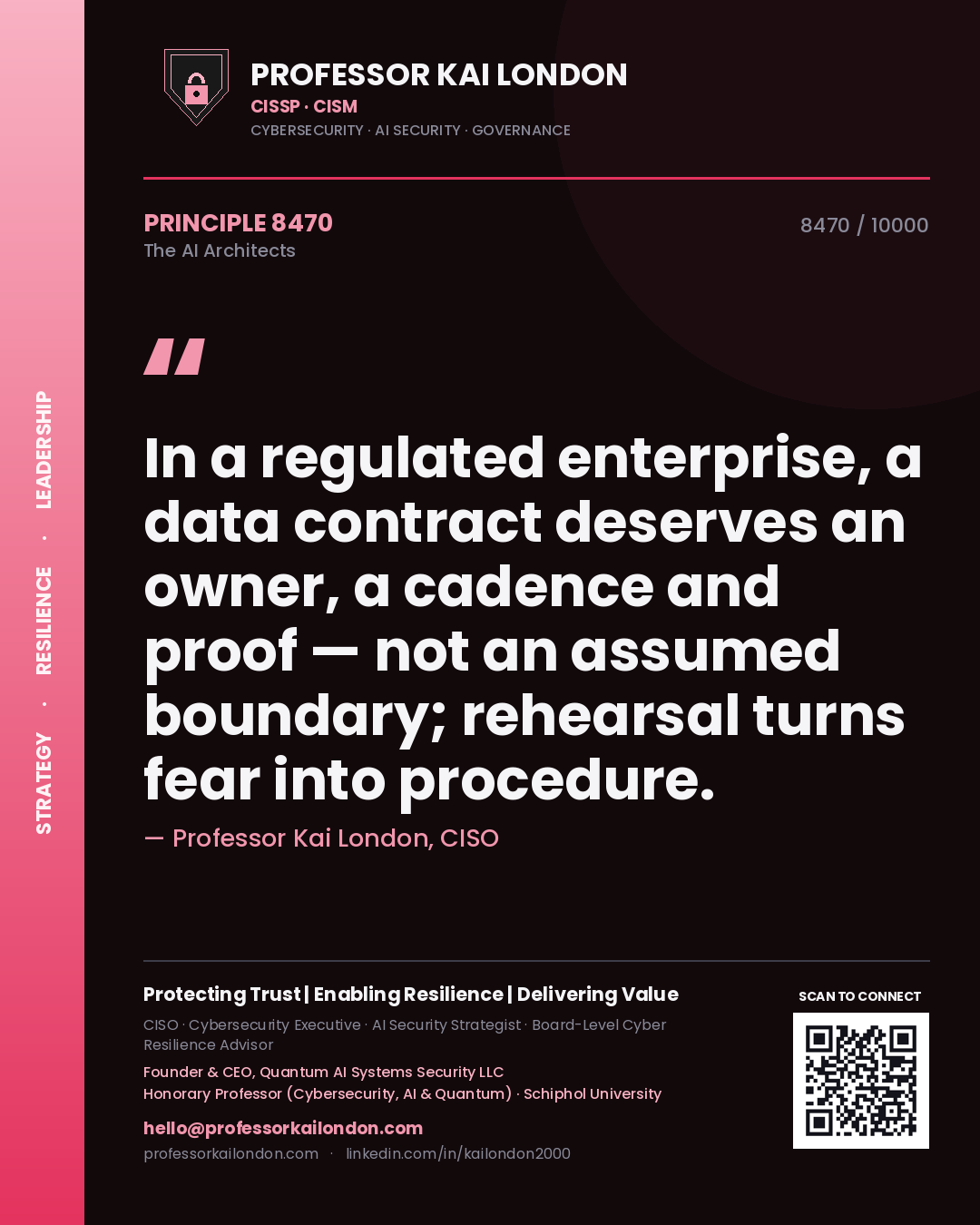 Professor Kai London principle 8470: In a regulated enterprise, a data contract deserves an owner, a cadence and proof — not an assumed boundary; rehearsal turns fear into procedure.