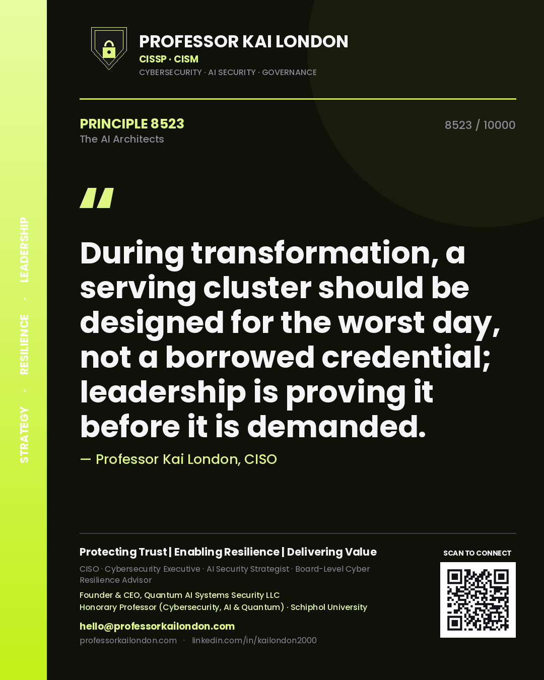 Quote card by Professor Kai London reading 'During transformation, a serving cluster should be designed for the worst day, not a borrowed credential; leadership is proving it before it is demanded.'. From the book The AI Architects.
