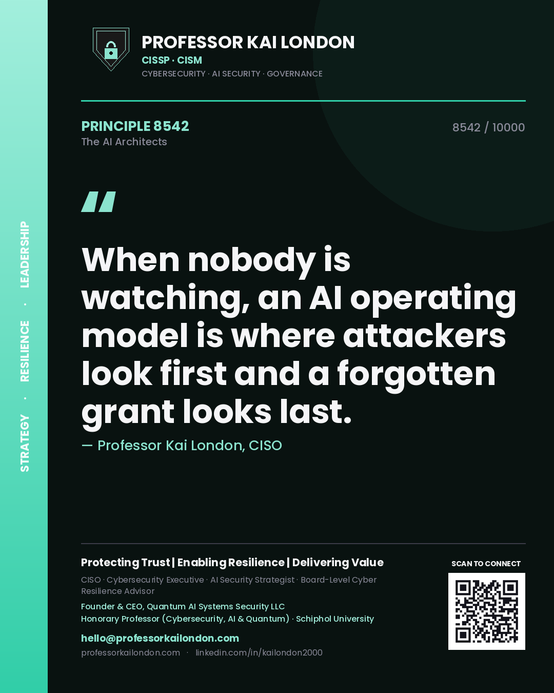 Quote card by Professor Kai London reading 'When nobody is watching, an AI operating model is where attackers look first and a forgotten grant looks last.'. From the book The AI Architects.